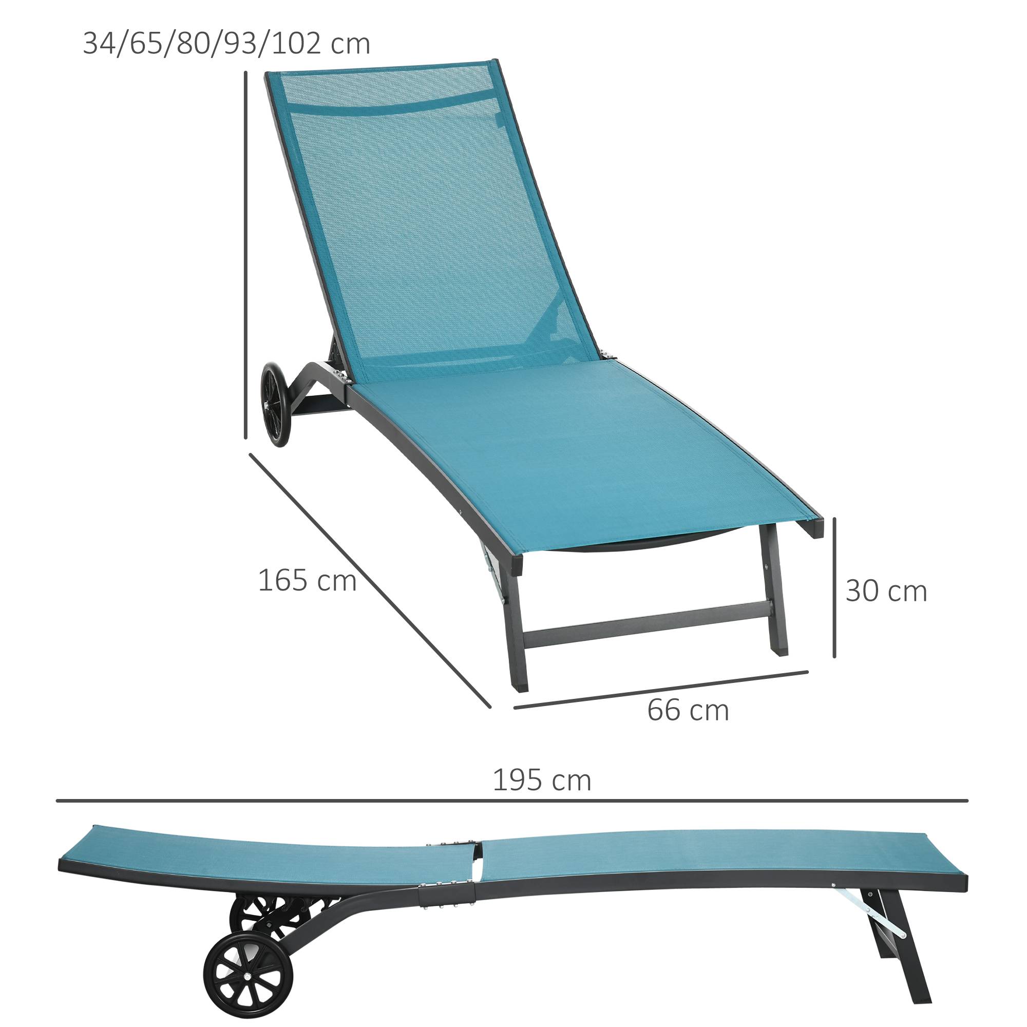 Chaise longue, dossier réglable 5 positions, tissu respirant, structure en aluminium, bleue, 195 x 66 x 34 cm - Image 5