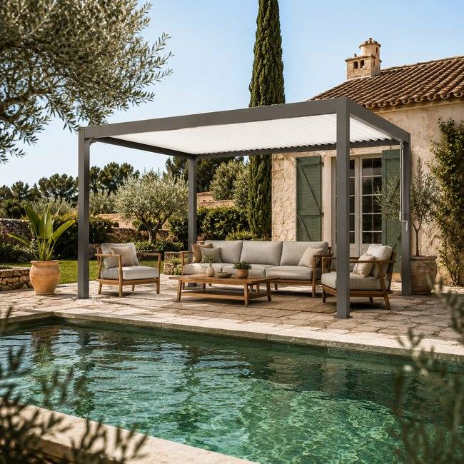 Pergola Bioclimatique Aluminium Autoportante Gris 4x3,5 Manuelle S ORIAL France - Image 1