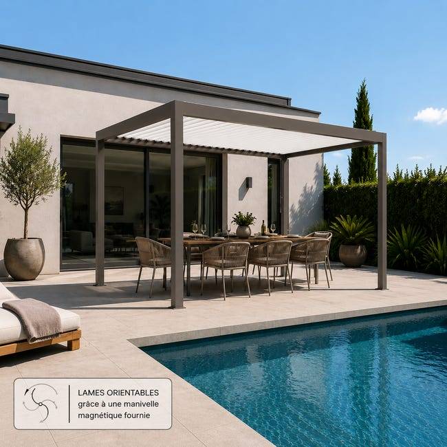 Pergola Bioclimatique Aluminium Autoportante Gris 4x3,5 Manuelle S ORIAL France - Image 3