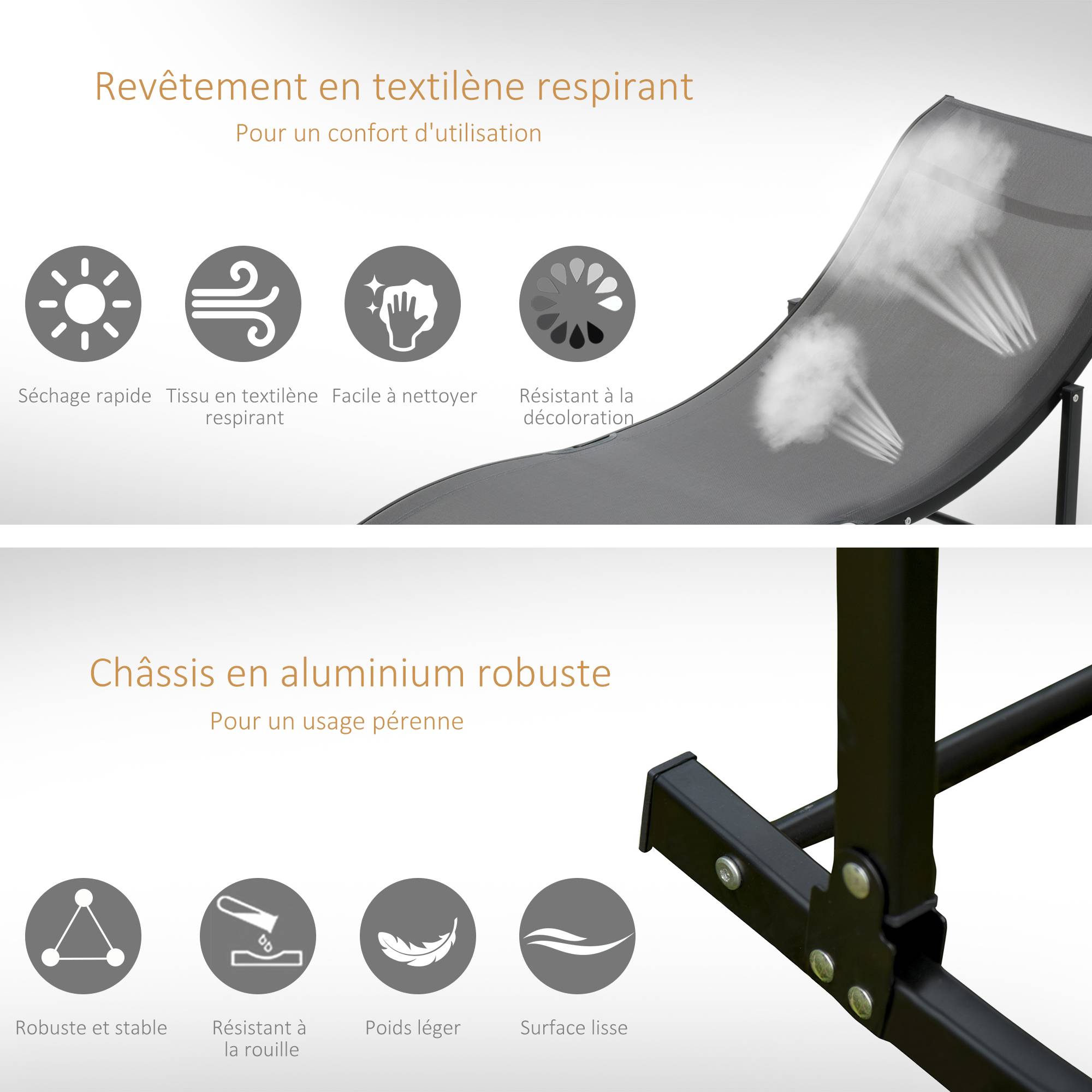 Lot de 2 bains de soleil pliables, chaise longue jardin extérieur en aluminium et textilène, transat jardin extérieur pour patio, charge 120 Kg - Image 8