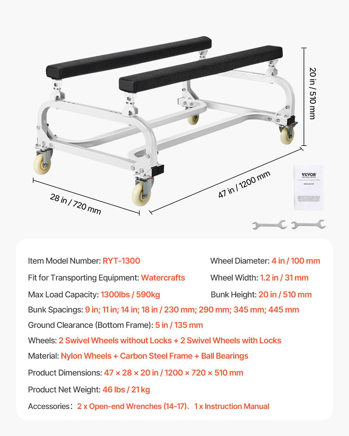 VEVOR Chariot de rangement pour support de jet ski remorque 590 kg 4 roulettes - Image 7