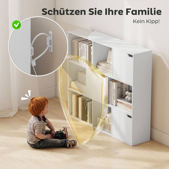 Bibliothèque, 9 compartiments, 3 portes, 6 étagères ouvertes, pour salon, chambre, panneaux de particules, blanc - Image 8