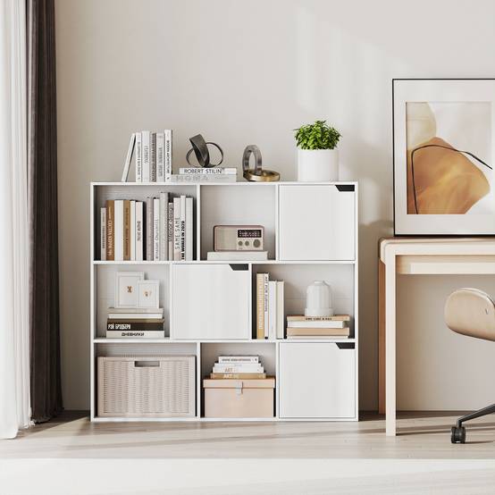 Bibliothèque, 9 compartiments, 3 portes, 6 étagères ouvertes, pour salon, chambre, panneaux de particules, blanc - Image 10