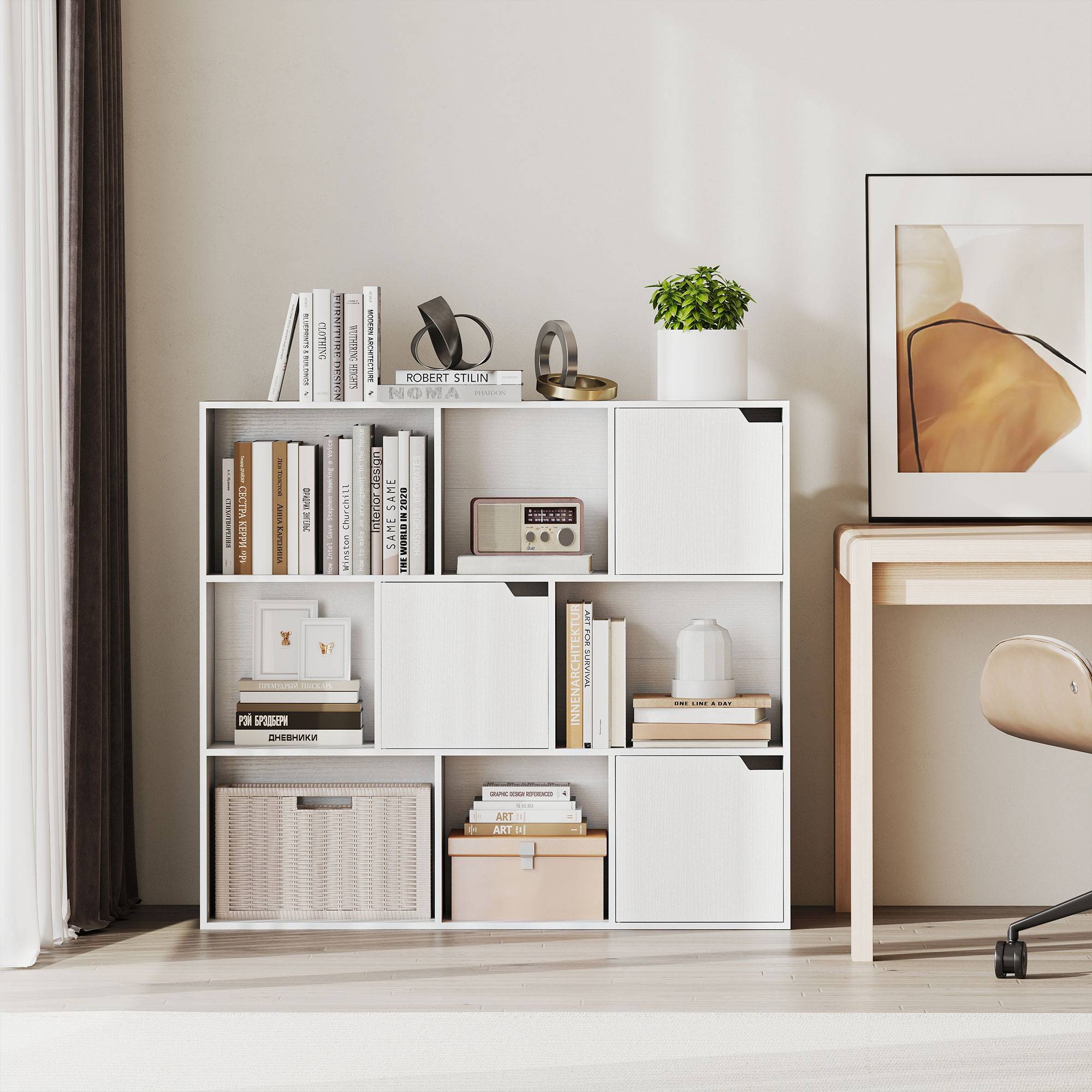 Bibliothèque, 9 compartiments, 3 portes, 6 étagères ouvertes, pour salon, chambre, panneaux de particules, blanc - Image 10