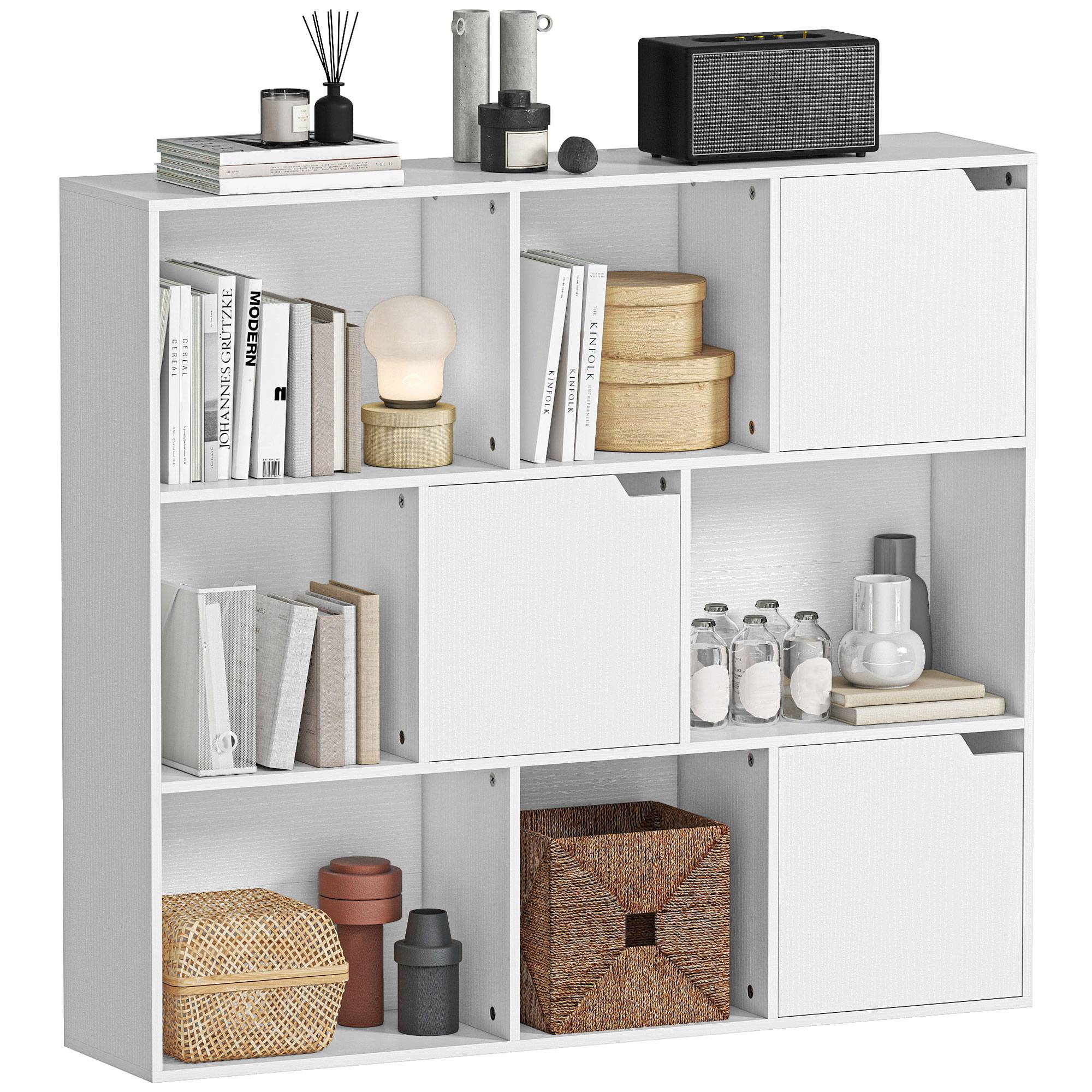 Bibliothèque, 9 compartiments, 3 portes, 6 étagères ouvertes, pour salon, chambre, panneaux de particules, blanc - Image 1