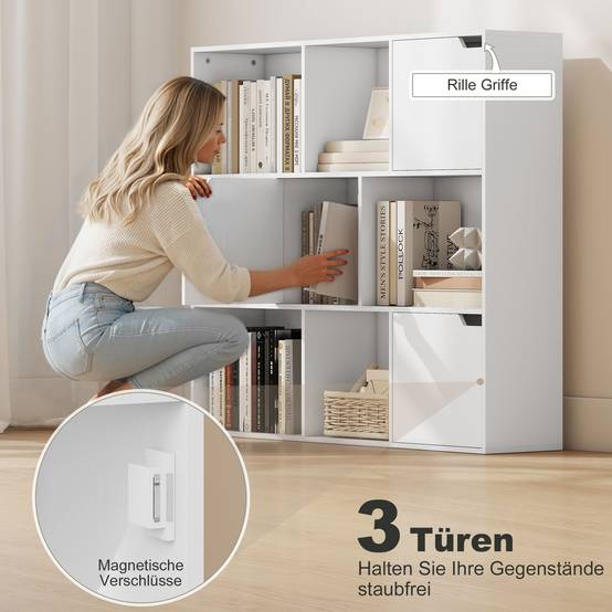 Bibliothèque, 9 compartiments, 3 portes, 6 étagères ouvertes, pour salon, chambre, panneaux de particules, blanc - Image 7