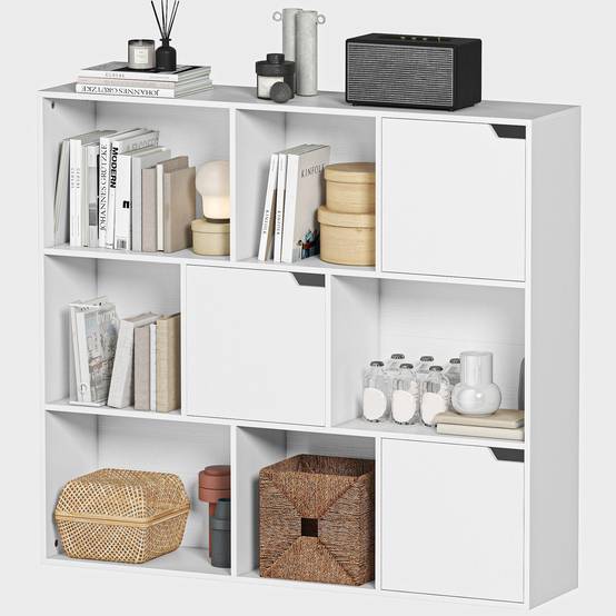 Bibliothèque, 9 compartiments, 3 portes, 6 étagères ouvertes, pour salon, chambre, panneaux de particules, blanc - Image 2