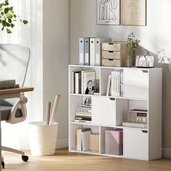 Bibliothèque, 9 compartiments, 3 portes, 6 étagères ouvertes, pour salon, chambre, panneaux de particules, blanc - Image 3