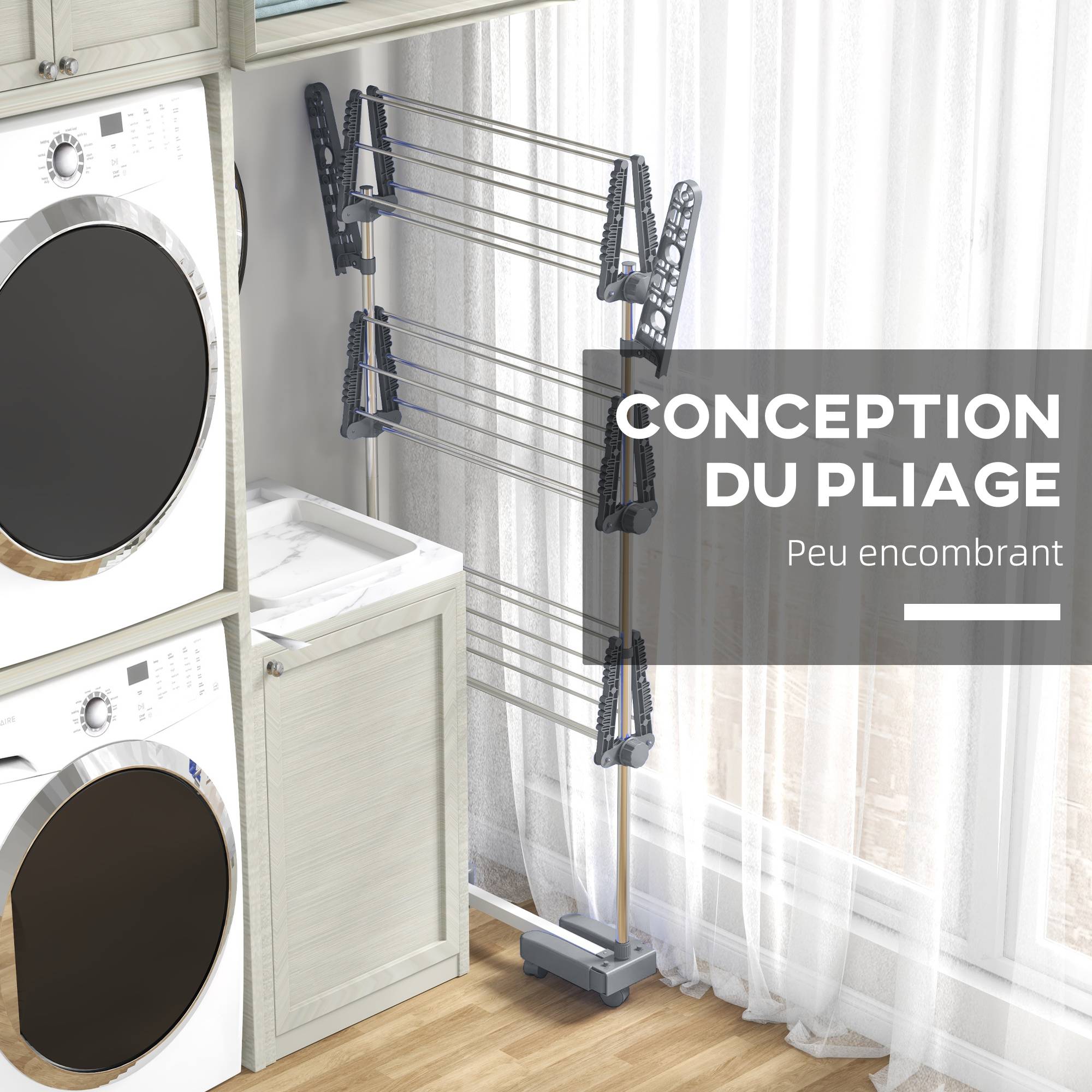 Homcom - Séchoir à linge pliable ailes latérales 142x55x152 cm utilisation intérieure/extérieure 3 niveaux gris - HOMCOM - Image 6