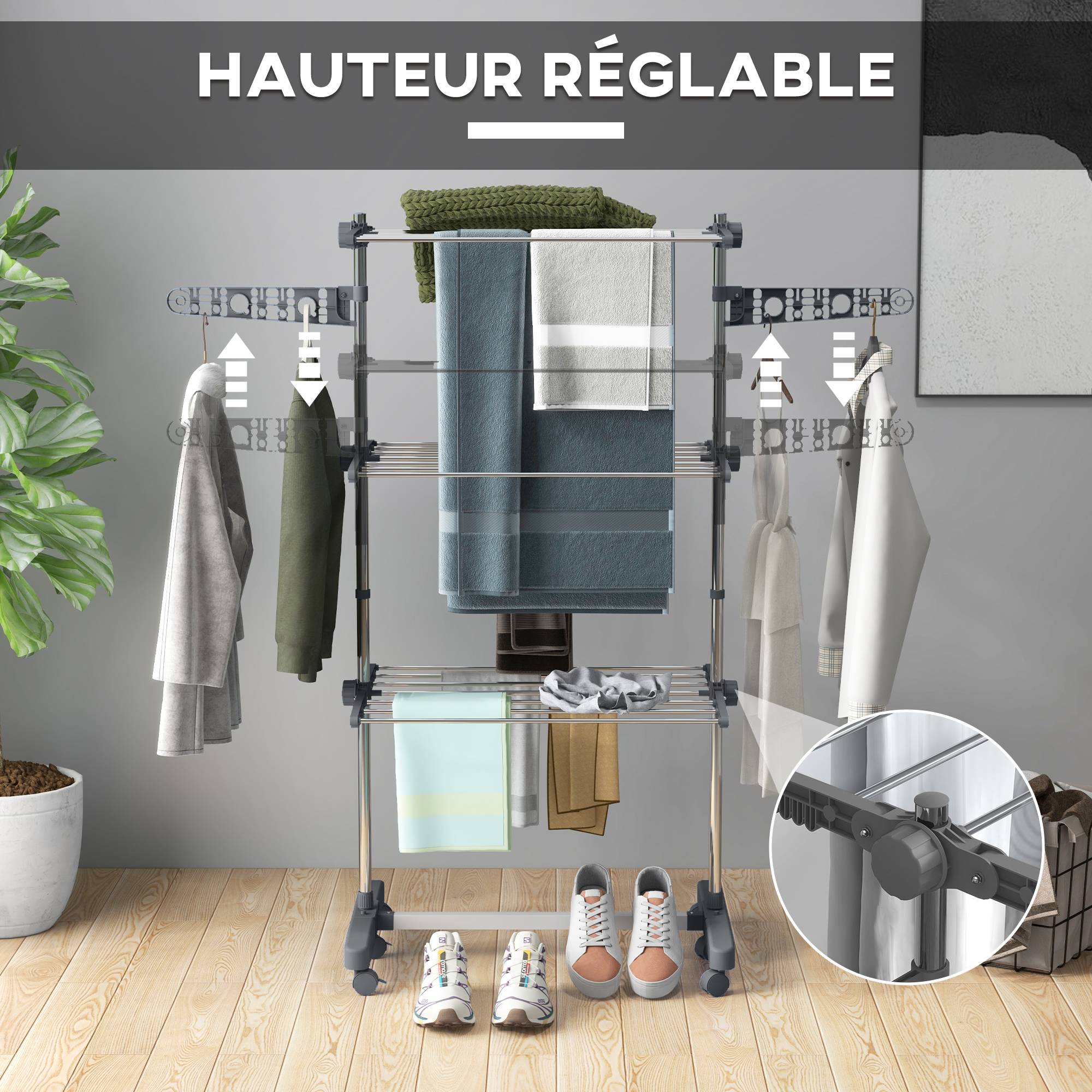 Homcom - Séchoir à linge pliable ailes latérales 142x55x152 cm utilisation intérieure/extérieure 3 niveaux gris - HOMCOM - Image 4