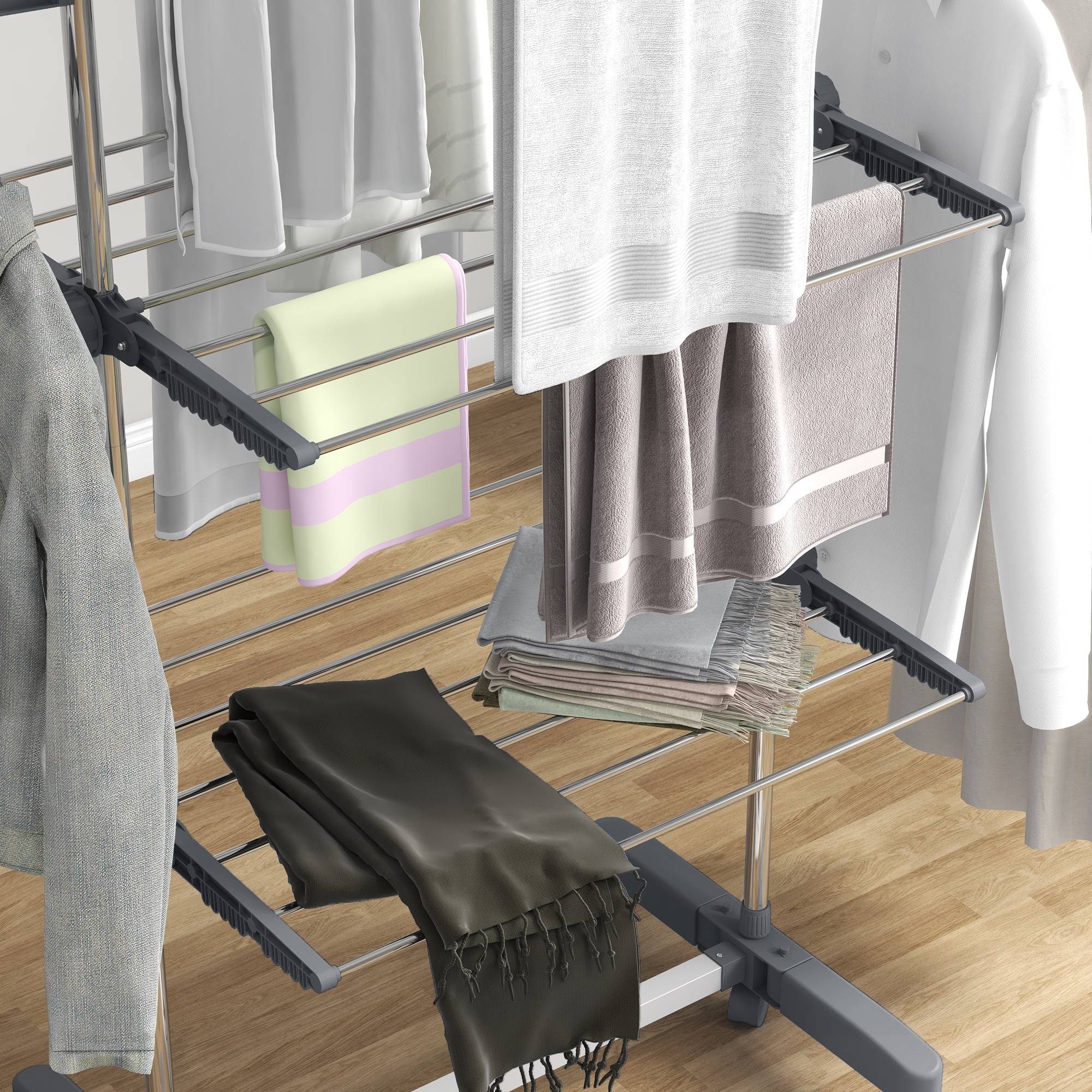 Homcom - Séchoir à linge pliable ailes latérales 142x55x152 cm utilisation intérieure/extérieure 3 niveaux gris - HOMCOM - Image 9