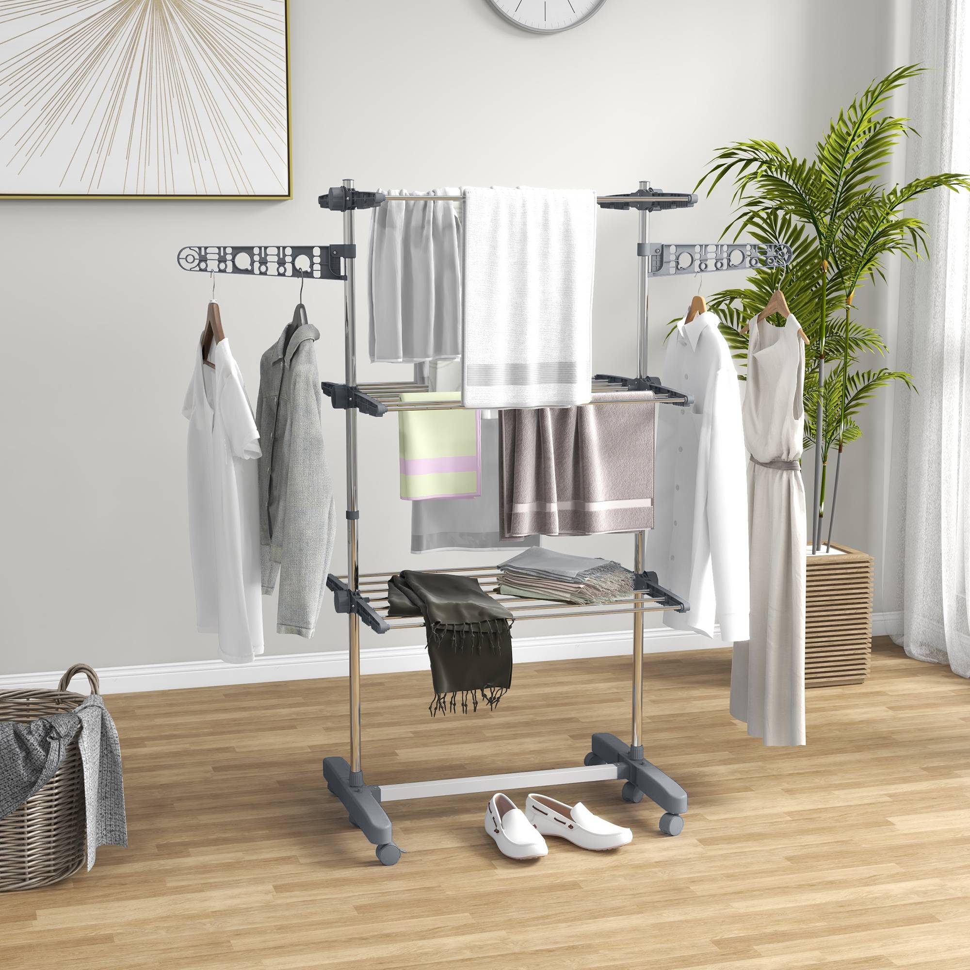 Homcom - Séchoir à linge pliable ailes latérales 142x55x152 cm utilisation intérieure/extérieure 3 niveaux gris - HOMCOM - Image 2