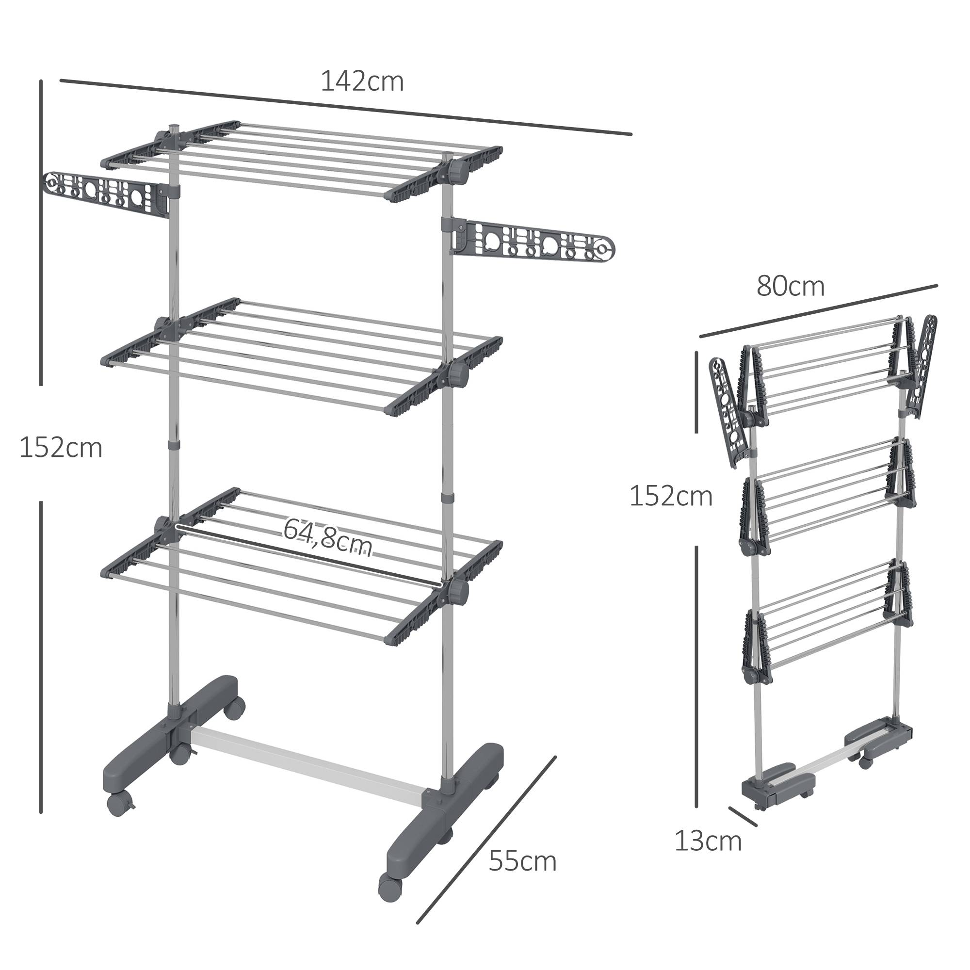 Homcom - Séchoir à linge pliable ailes latérales 142x55x152 cm utilisation intérieure/extérieure 3 niveaux gris - HOMCOM - Image 3