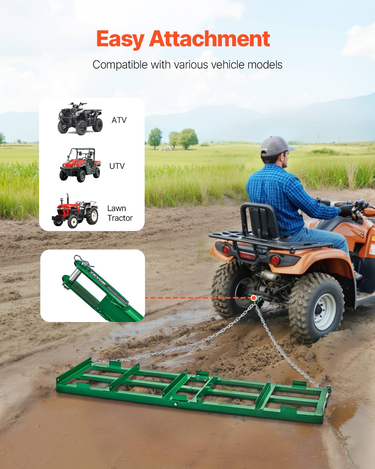 Vevor - VEVOR Herse traînée 1830x500mm, niveleuse allée, barres, chaîne, tracteur pelouse. - Image 4