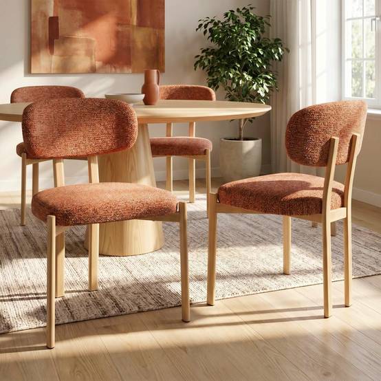 Sicaan Lot de 4 chaises style scandinave tissu chenille terracotta pieds métal effet chêne – MIA - Image 1