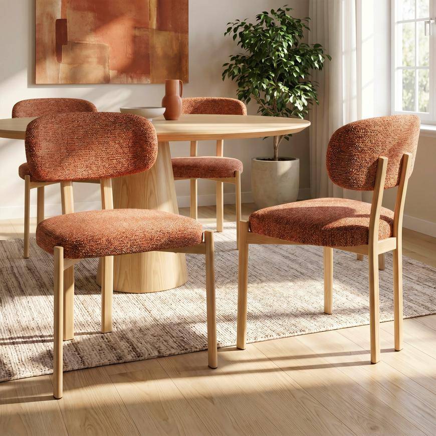 Sicaan Lot de 4 chaises style scandinave tissu chenille terracotta pieds métal effet chêne – MIA - Image 1