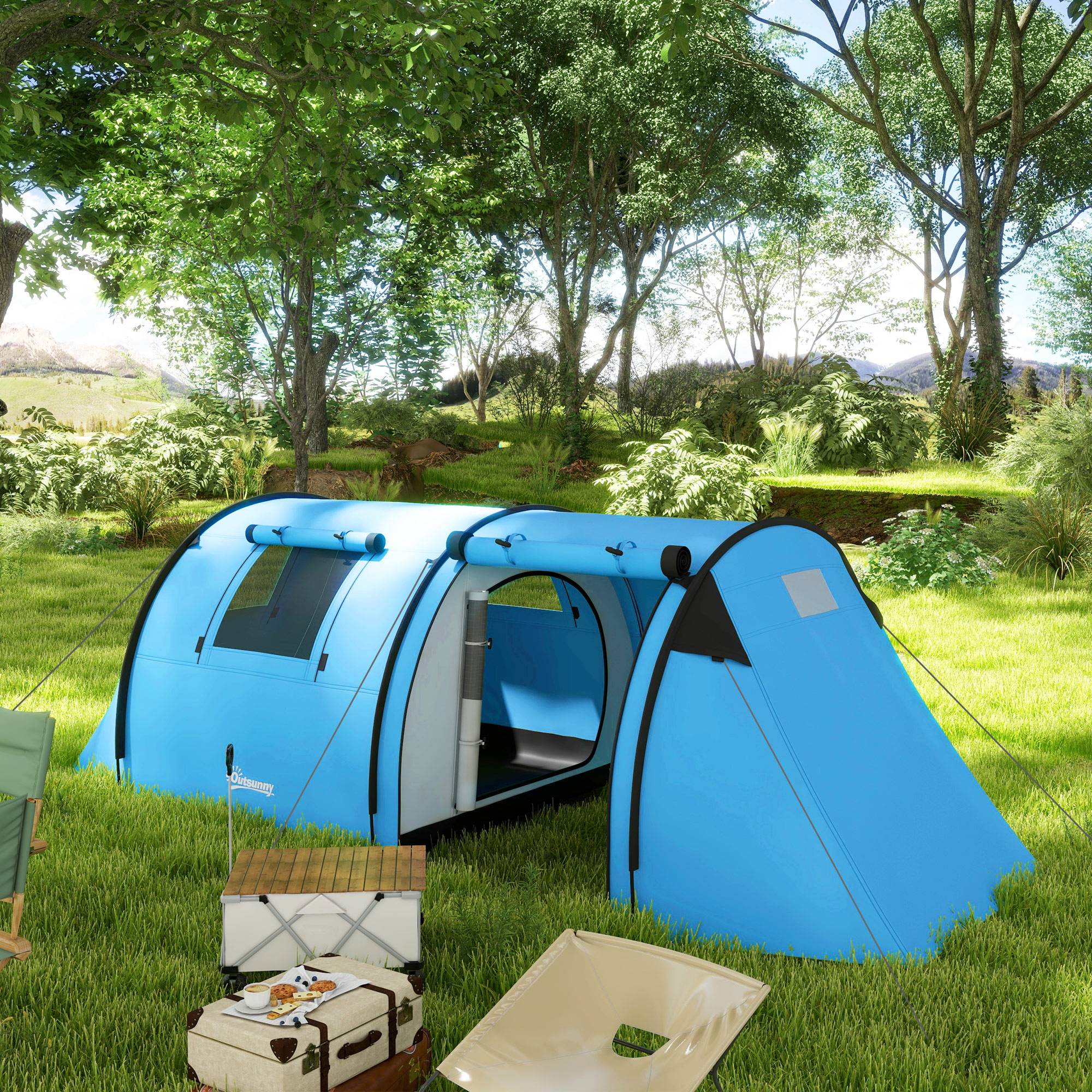 Tente familiale 3-4 personnes stable et imperméable, chambre et salon, colonne d’eau 3000 mm bleu ciel - Image 3