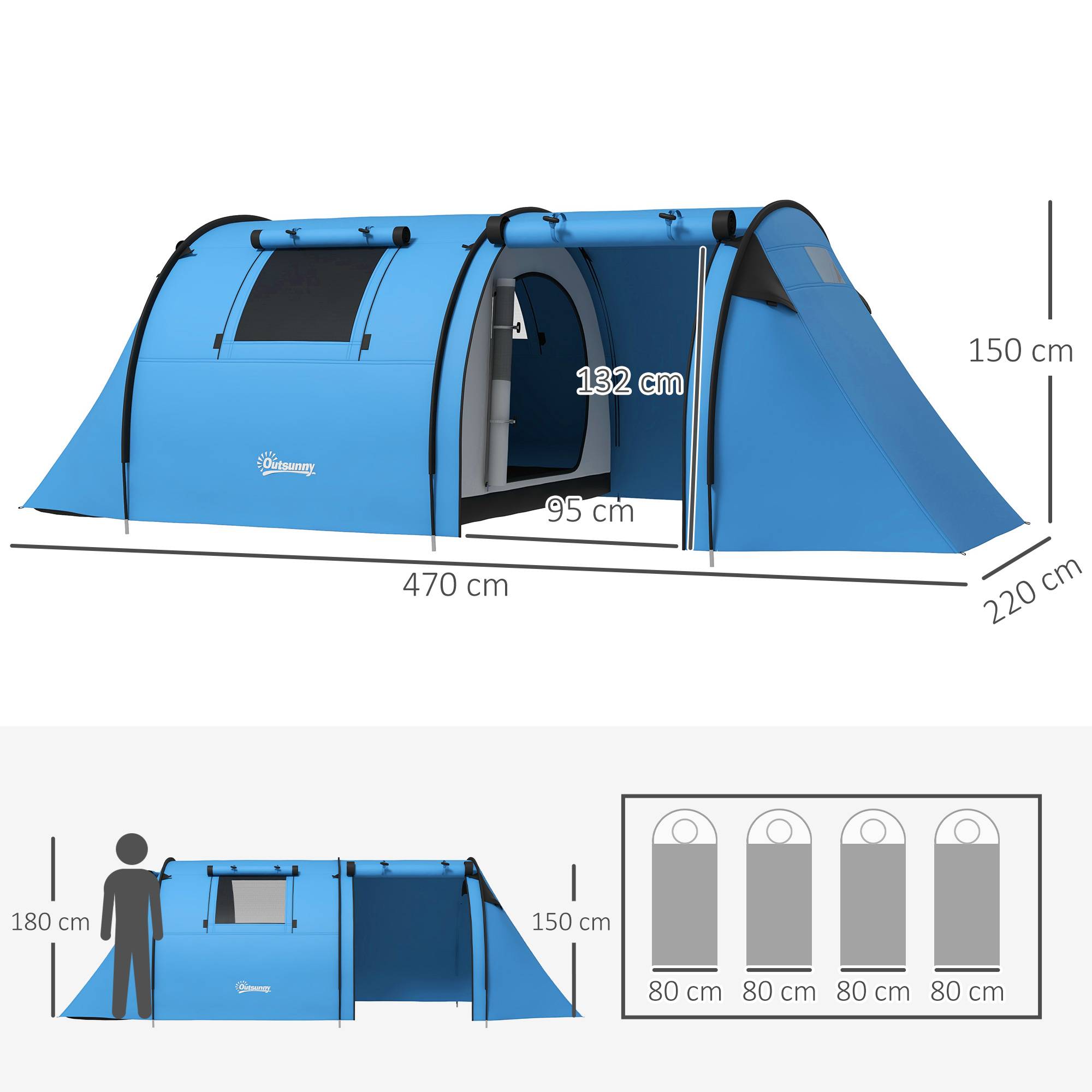 Tente familiale 3-4 personnes stable et imperméable, chambre et salon, colonne d’eau 3000 mm bleu ciel - Image 5
