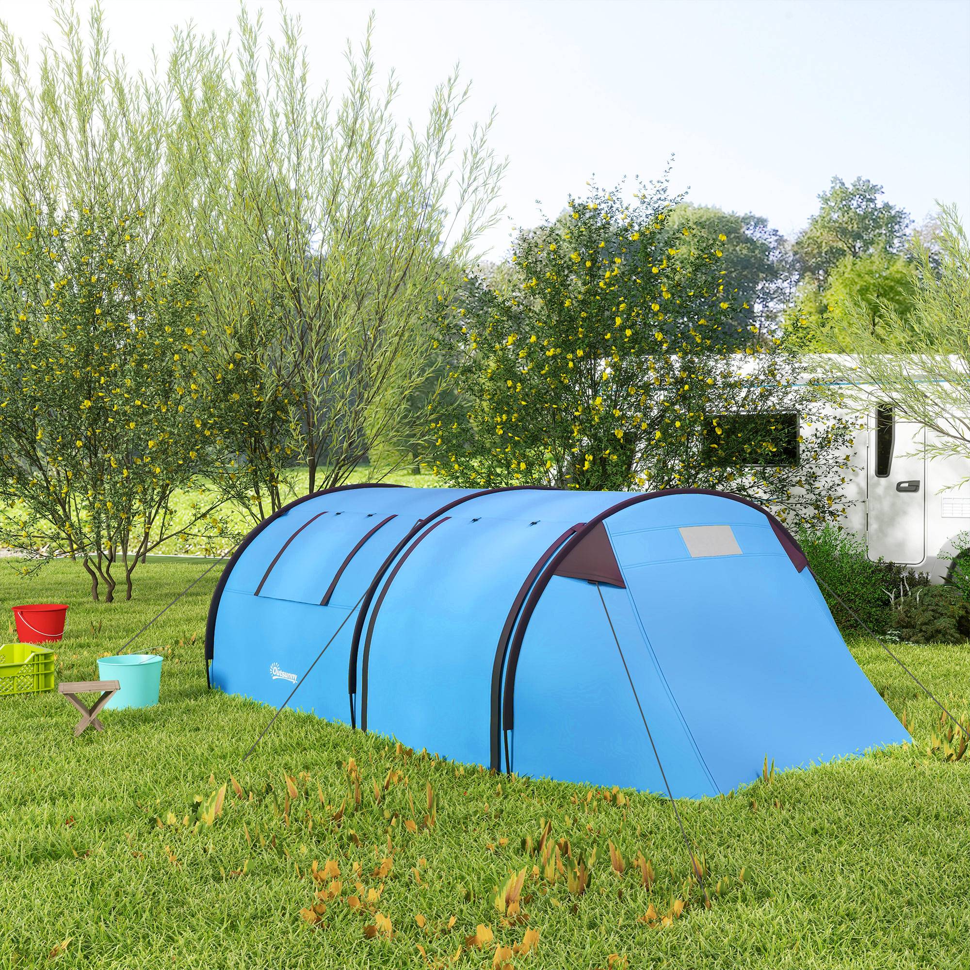 Tente familiale 3-4 personnes stable et imperméable, chambre et salon, colonne d’eau 3000 mm bleu ciel - Image 4