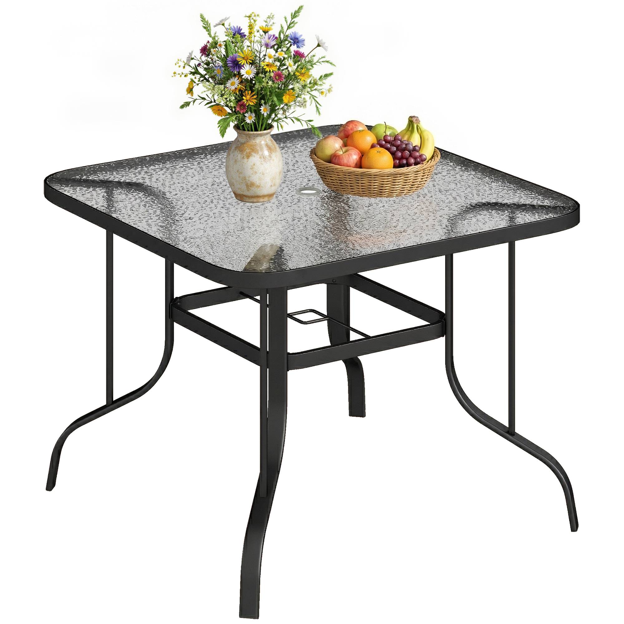 ComfortXL - Table de Jardin Carrée Métal Verre Terrasse Repas Trou Parasol 96.5cm Noir - ComfortXL Outdoor Living - Image 1
