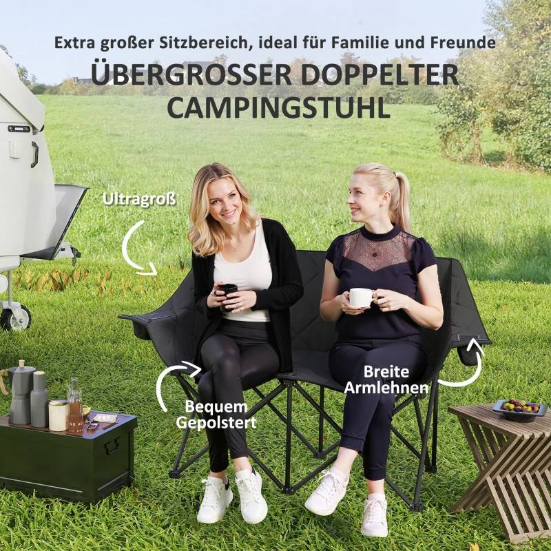 Chaise Camping Double Pliante Rembourrée 2 Places Glacières Intégrées Noir - ComfortXL Outdoor Living - Image 5