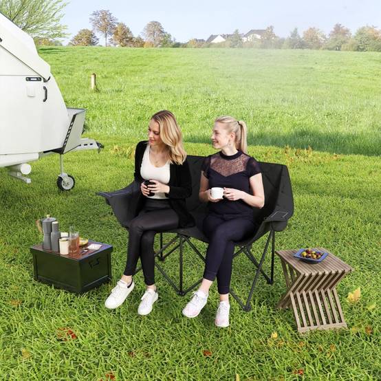 Chaise Camping Double Pliante Rembourrée 2 Places Glacières Intégrées Noir - ComfortXL Outdoor Living - Image 1