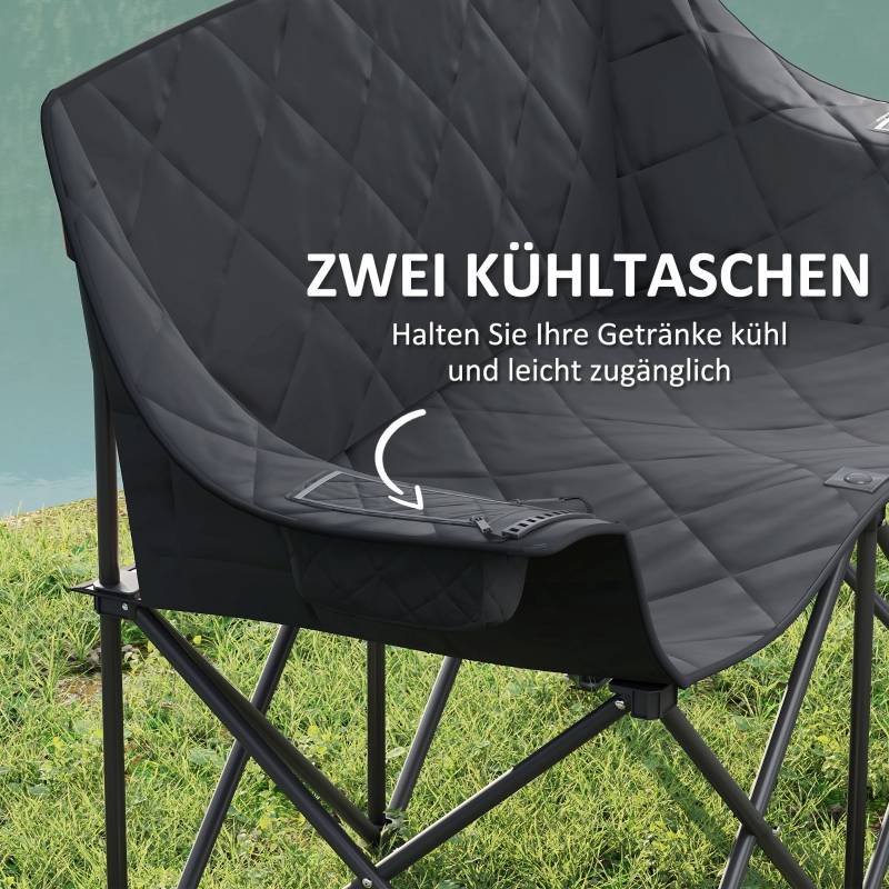Chaise Camping Double Pliante Rembourrée 2 Places Glacières Intégrées Noir - ComfortXL Outdoor Living - Image 6