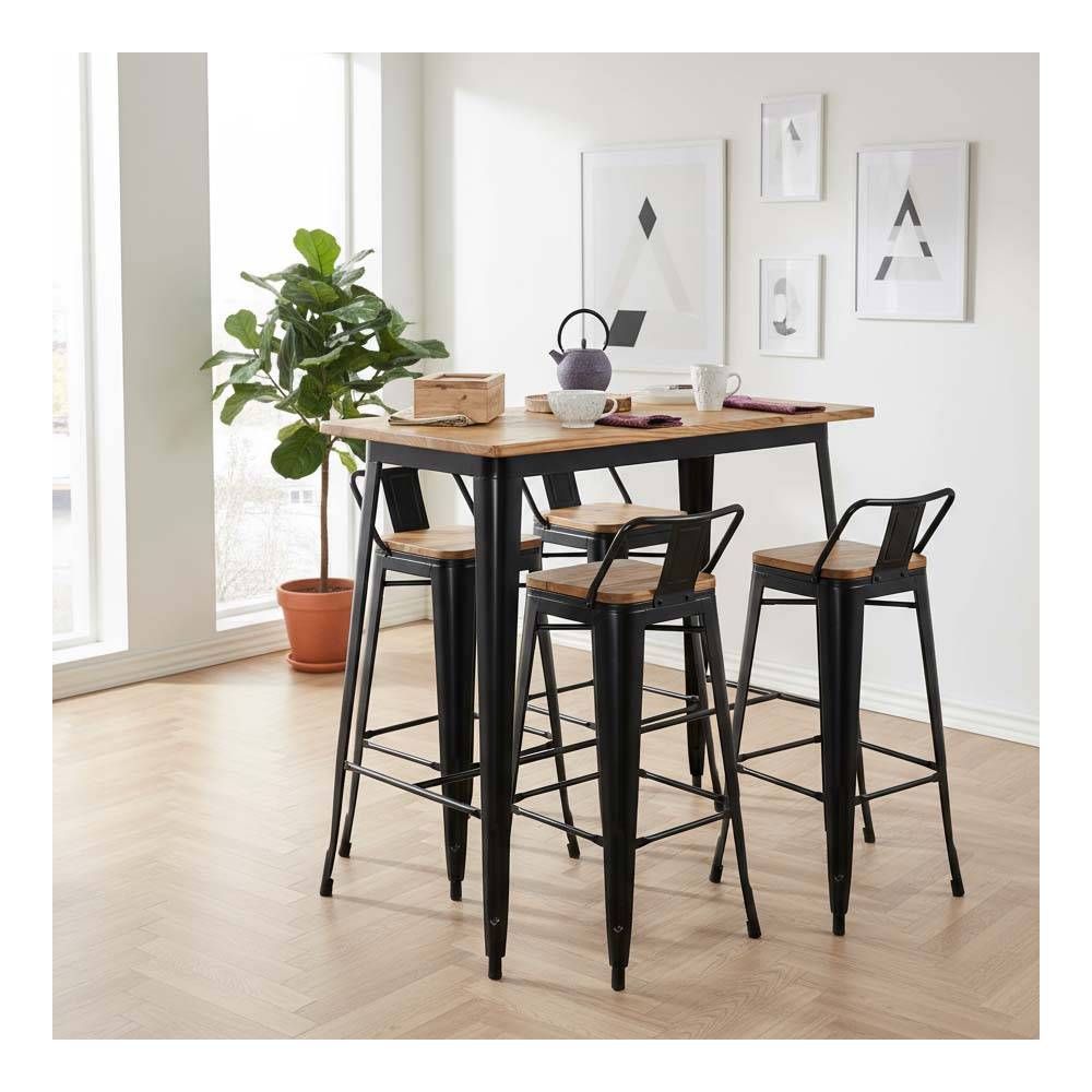 Aubry Gaspard - Tabouret de bar en métal laqué et bois d'orme huilé (Lot de 4) - Image 2