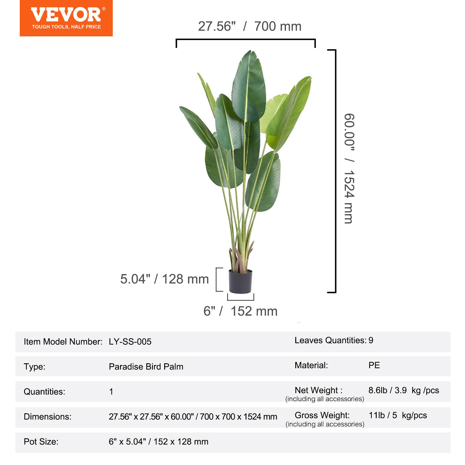 VEVOR Arbre Artificiel Palmier Oiseau du Paradis Plante Artificielle 700x1524 mm - Image 7