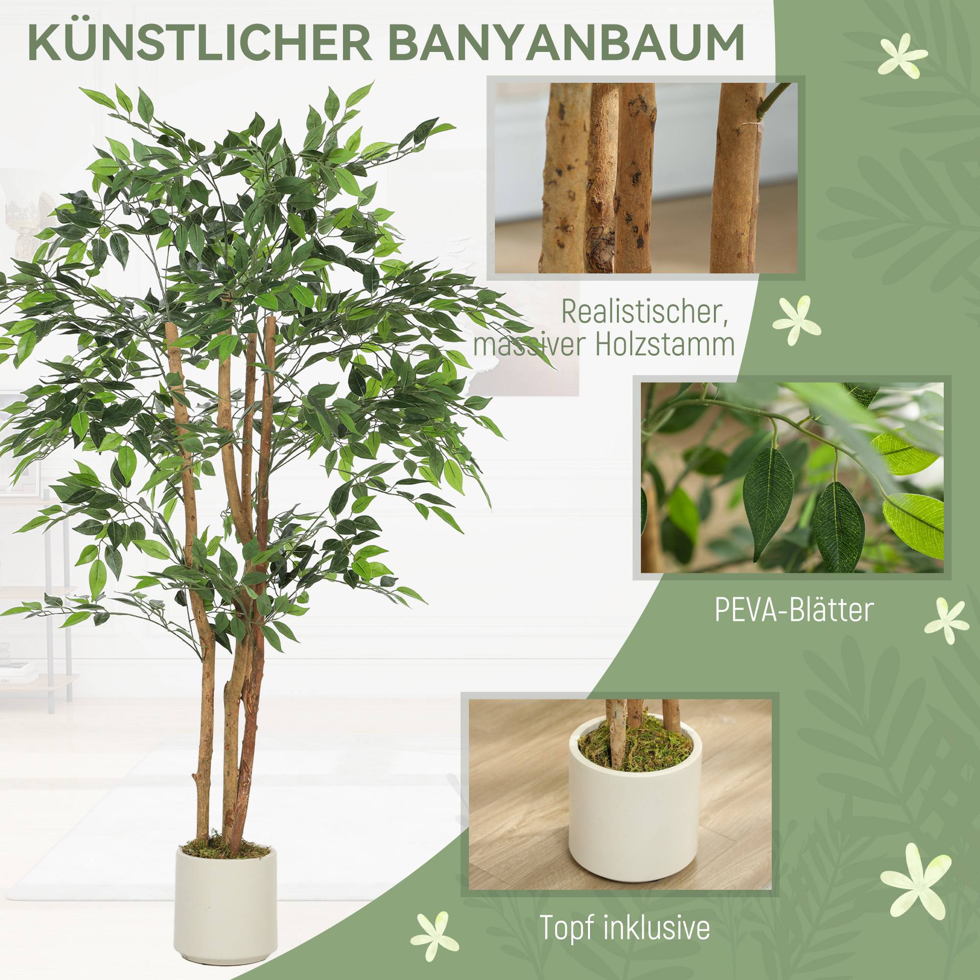 Sans Marque - Banyan artificiel, tronc massif, pot, pour salon, chambre, bureau, 65x65x150 cm, vert - Image 6
