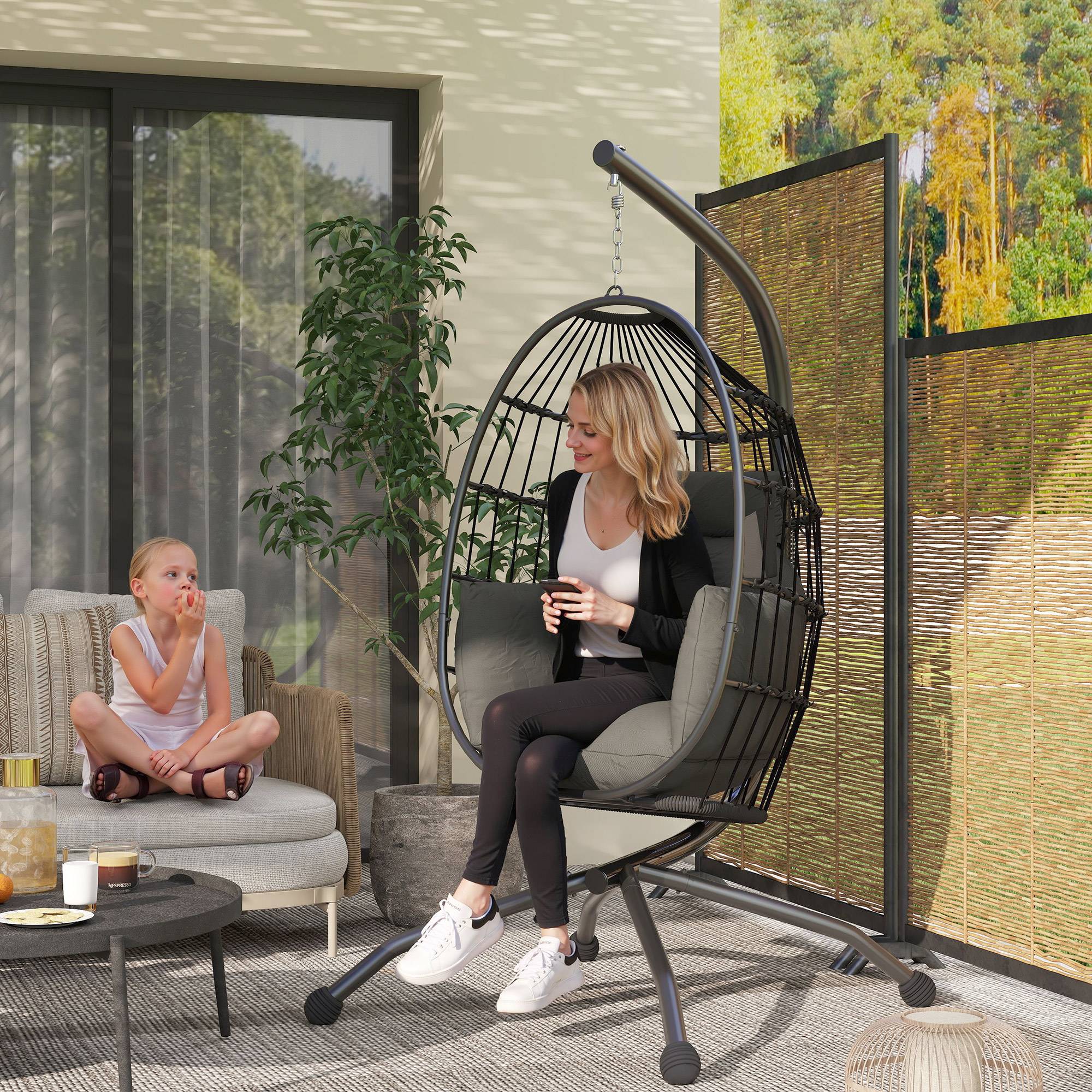 Fauteuil œuf suspendu acier jardin hauteur réglable panier pliable 120x88x192cm gris - ComfortXL Outdoor Living - Image 3