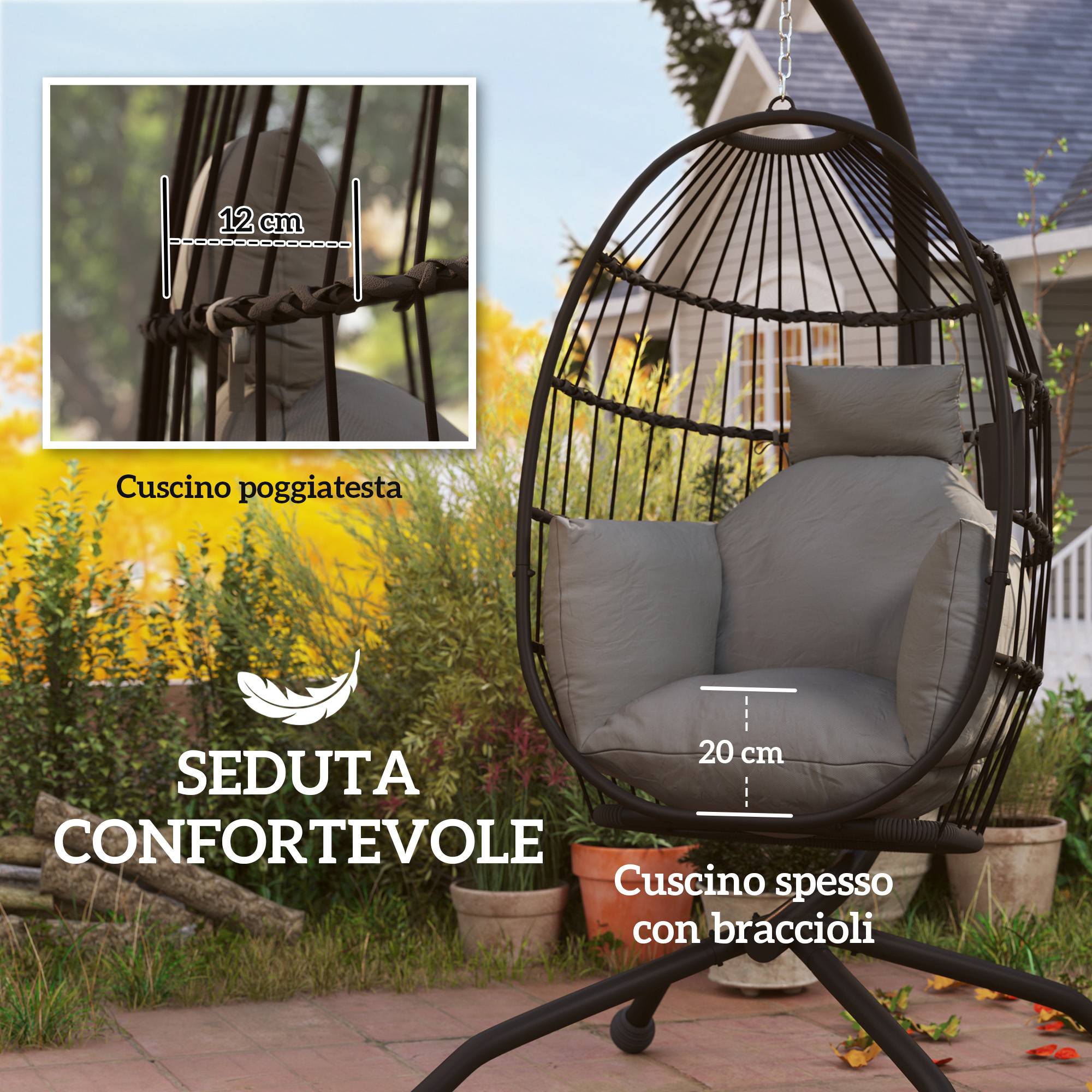 Fauteuil œuf suspendu acier jardin hauteur réglable panier pliable 120x88x192cm gris - ComfortXL Outdoor Living - Image 6