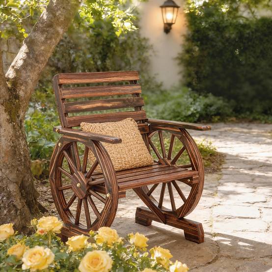 Outsunny - Chaise de jardin style roue de chariot - dossier incliné siège large à lattes - bois - 66x55x90cm - finition carbonisée - Outsunny - Image 4