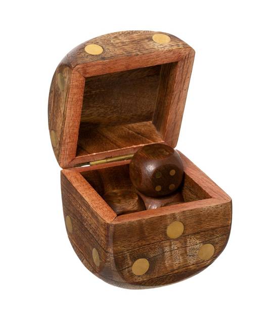 Objet déco Jeu de 5 Dés dans une Boite en forme de Dé en Bois de Manguier et Laiton - Image 3