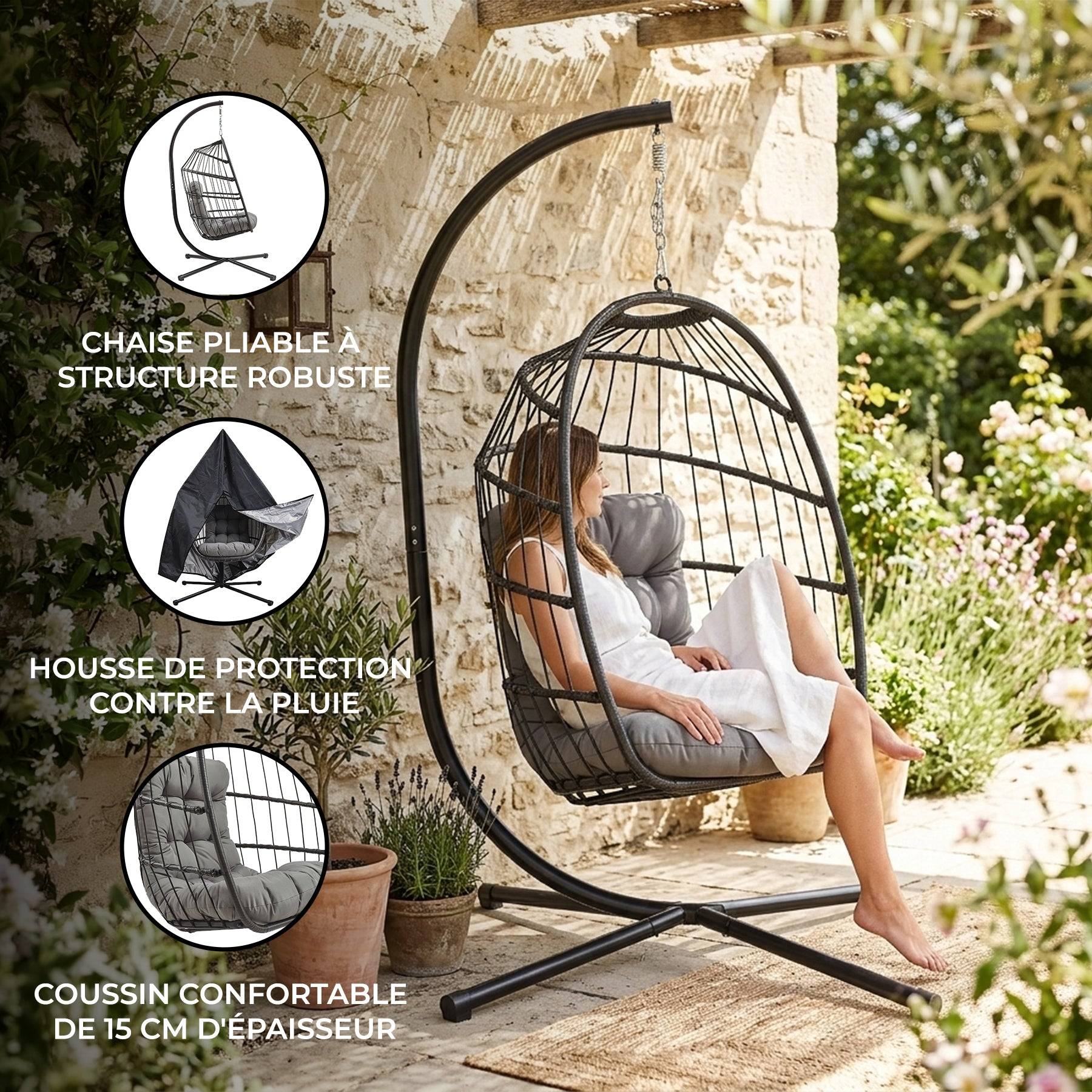 Monstershop - Fauteuil Œuf Suspendu en Rotin - Noir - Image 2