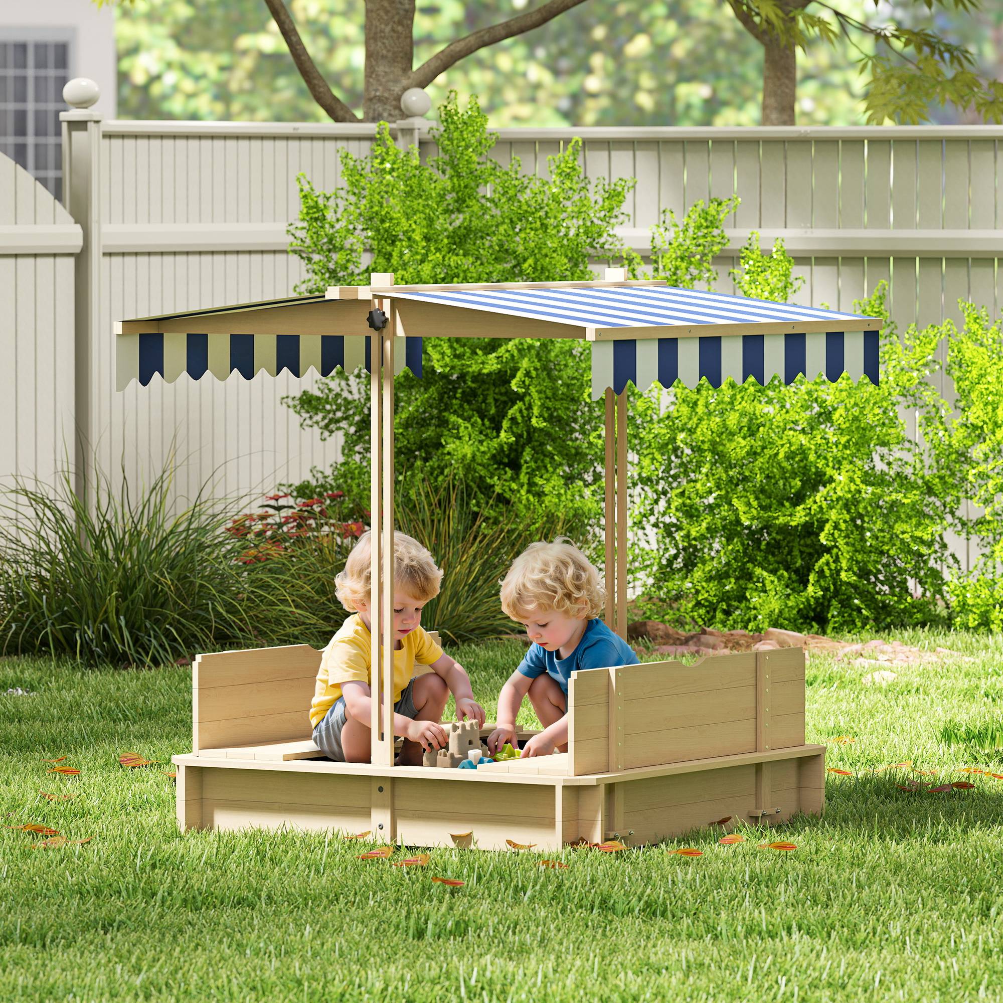 Bac à sable carré en bois pour enfants dim. 106L x 106l cm avec bancs et couvercle - auvent réglable - Image 3
