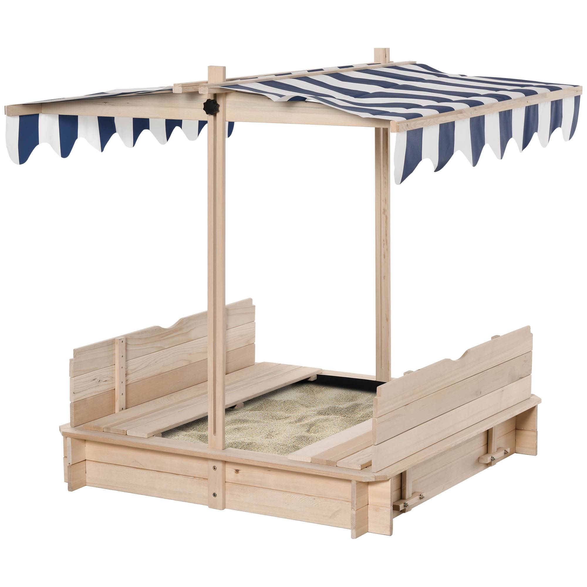 Bac à sable carré en bois pour enfants dim. 106L x 106l cm avec bancs et couvercle - auvent réglable - Image 1