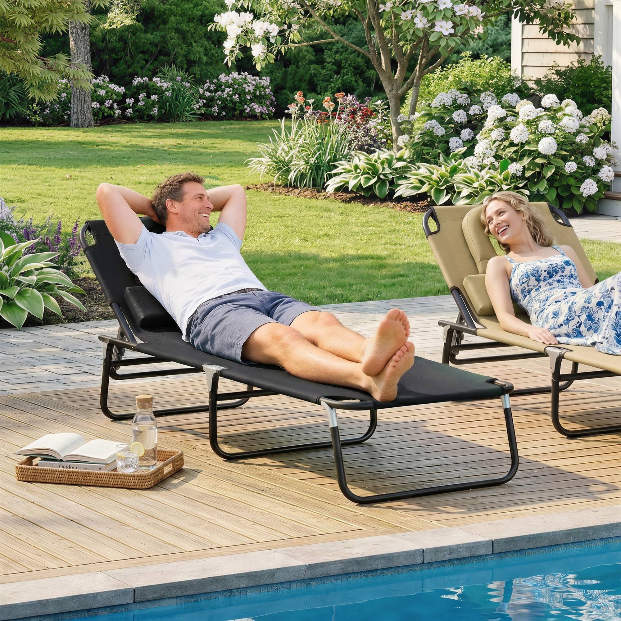 Sans Marque - Transat de Jardin Chaise Longue Pliante Bain de Soleil pour Lecture Noir - Image 3