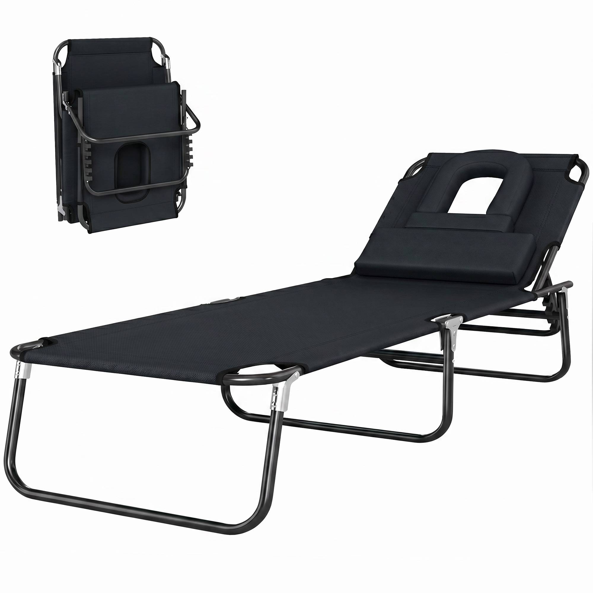 Sans Marque - Transat de Jardin Chaise Longue Pliante Bain de Soleil pour Lecture Noir - Image 2