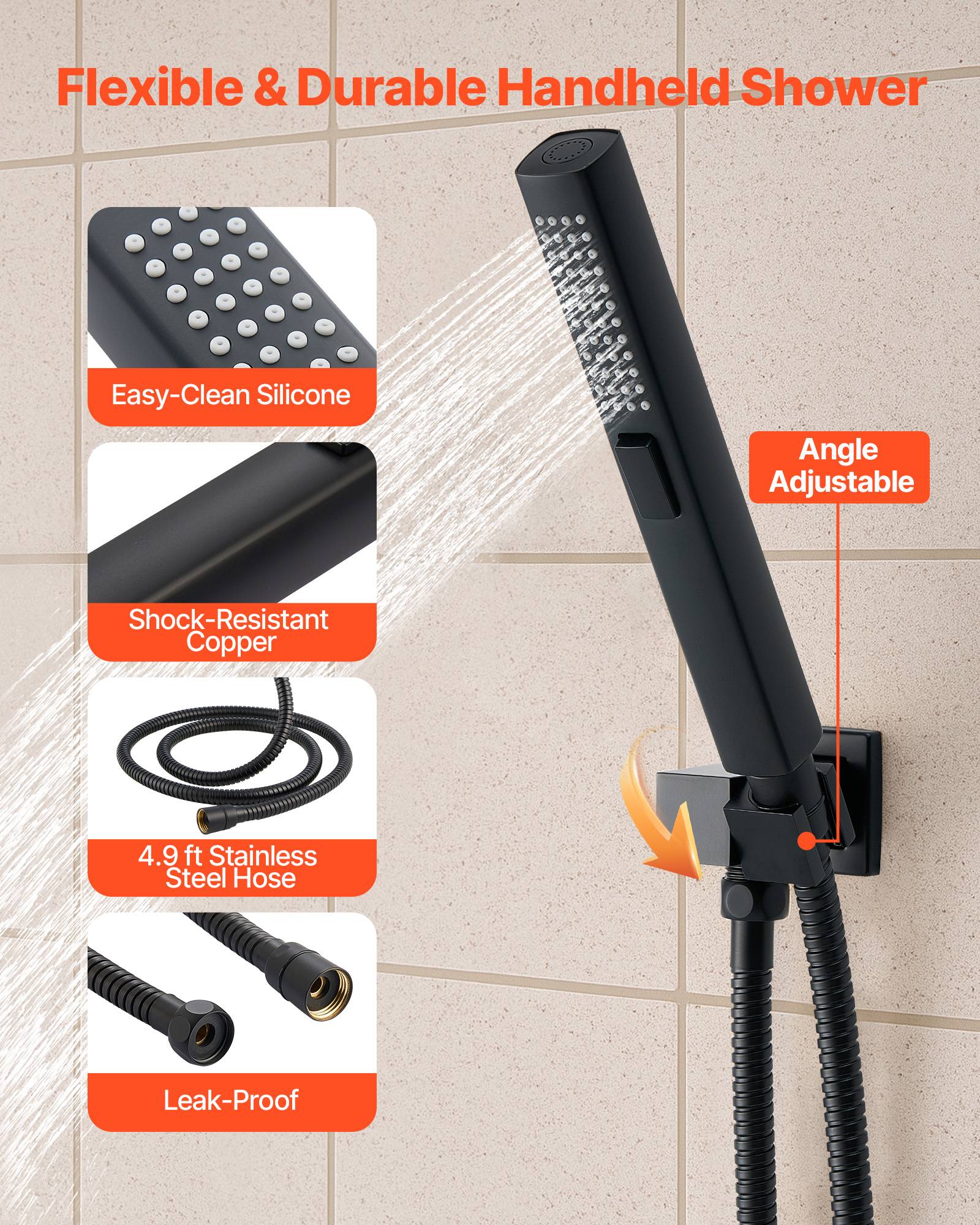 VEVOR Système de Douche 3 Douchettes Tête 25,4 cm Mural et à Main Noir Mat - Image 6