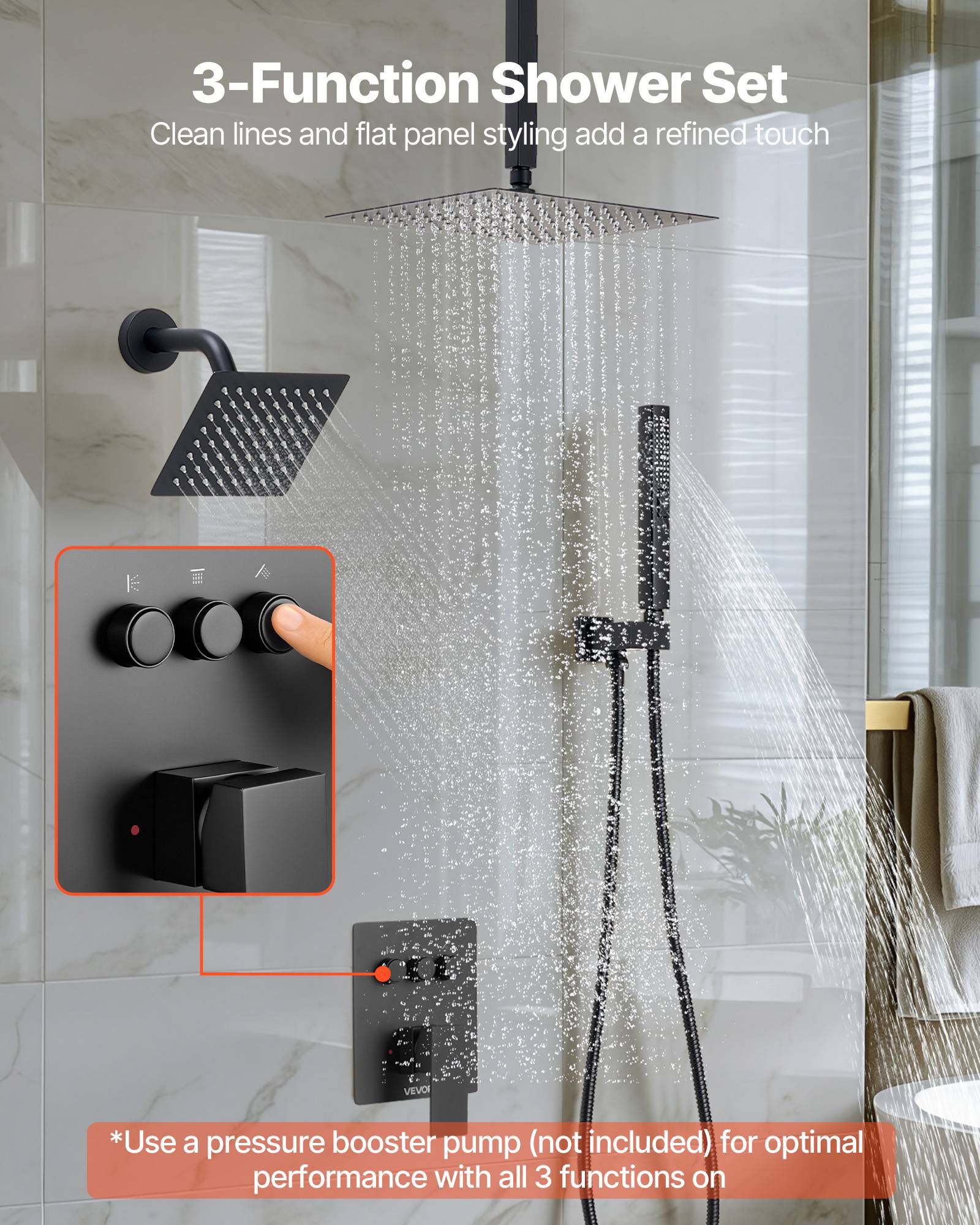 VEVOR Système de Douche 3 Douchettes Tête 25,4 cm Mural et à Main Noir Mat - Image 2