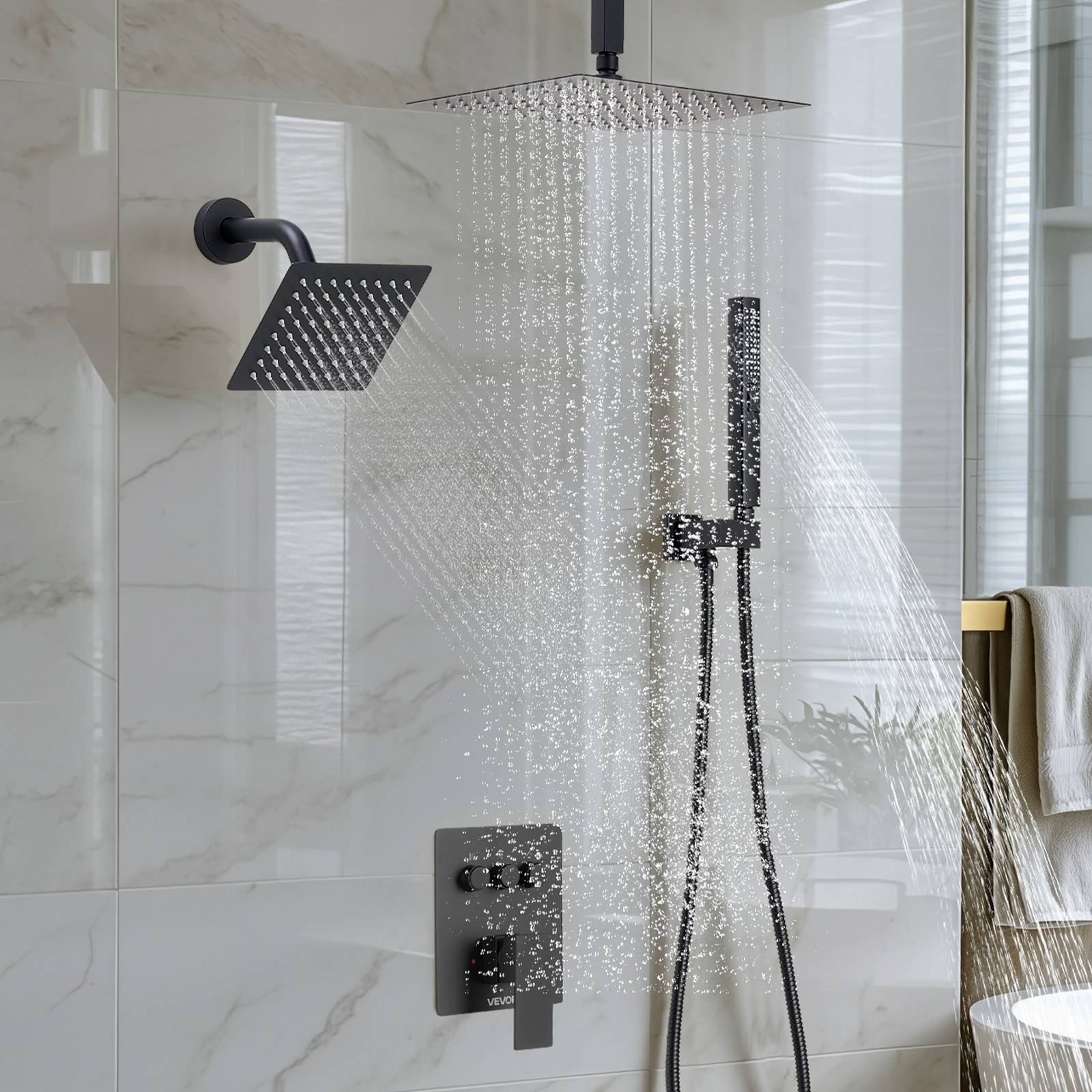 VEVOR Système de Douche 3 Douchettes Tête 25,4 cm Mural et à Main Noir Mat - Image 8