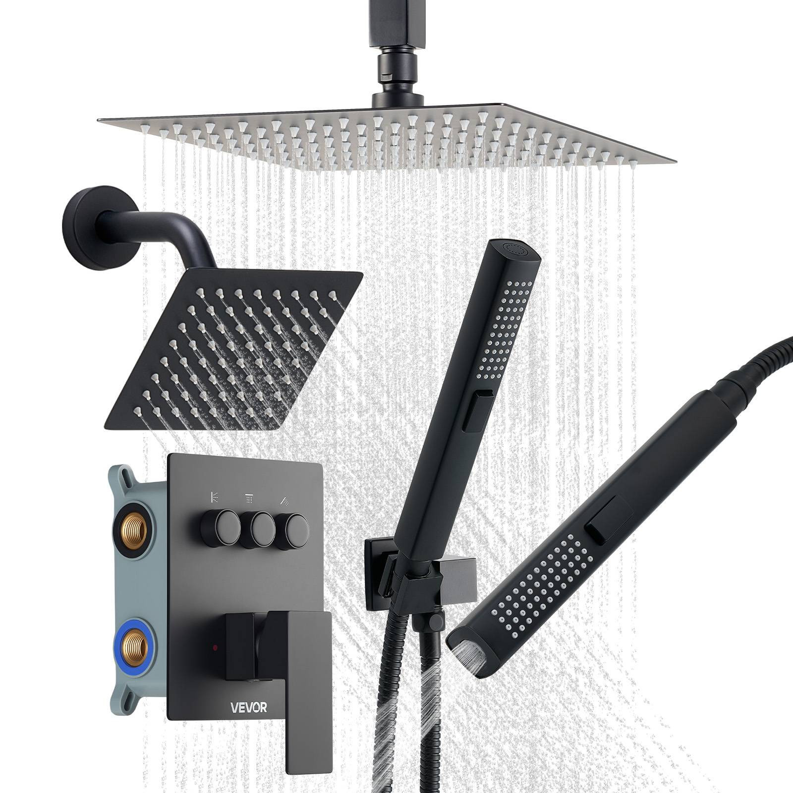 VEVOR Système de Douche 3 Douchettes Tête 25,4 cm Mural et à Main Noir Mat - Image 1