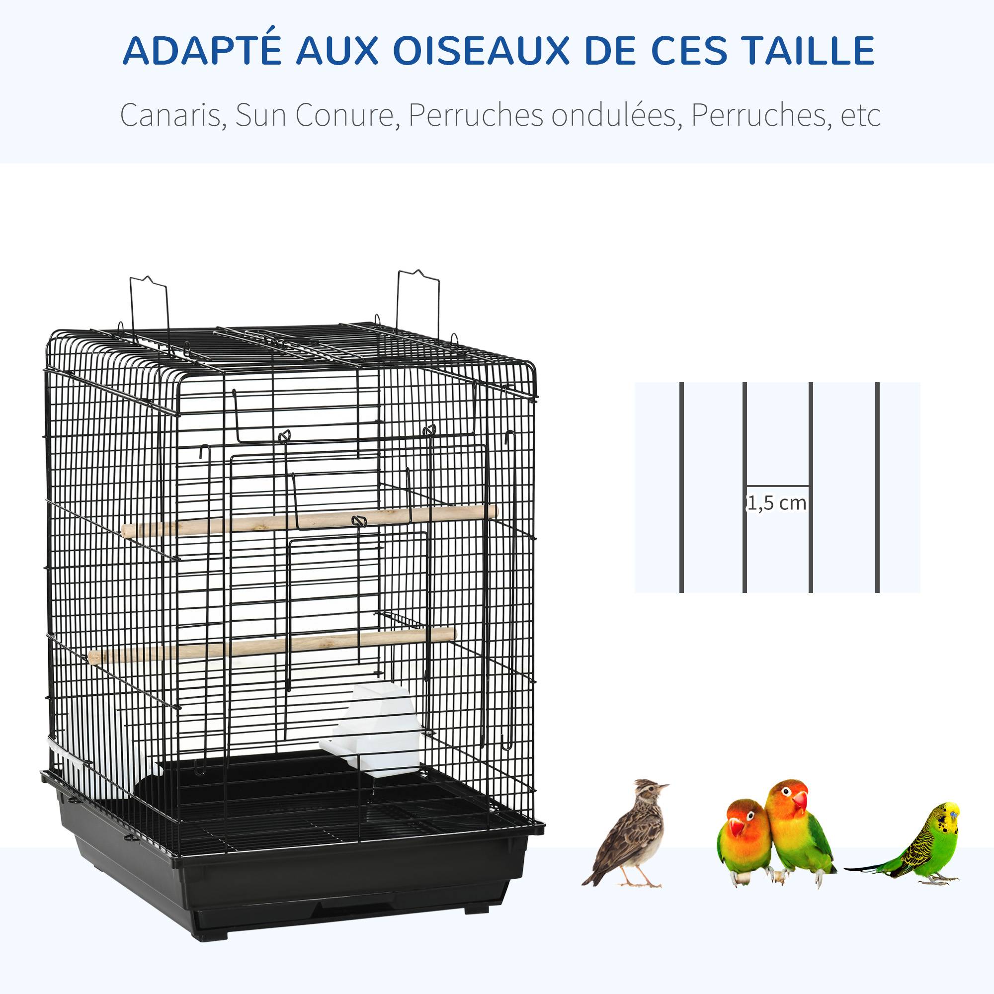 Pawhut - Cage à oiseaux 2 mangeoires 2 perchoirs toit ouvrant plateau excrément amovible poignée transport métal PS noir - Image 4
