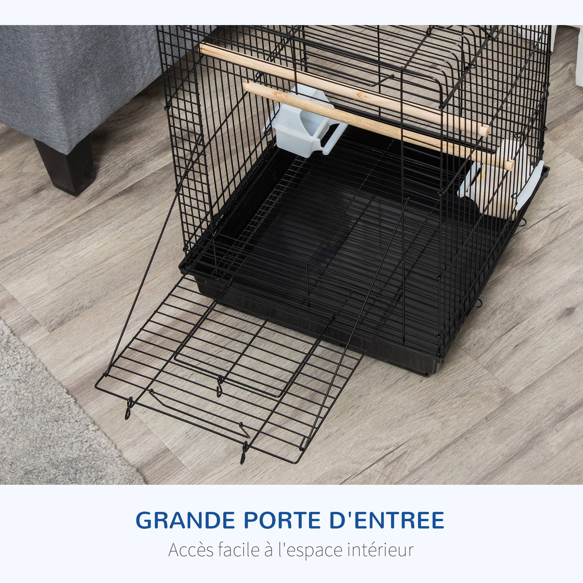 Pawhut - Cage à oiseaux 2 mangeoires 2 perchoirs toit ouvrant plateau excrément amovible poignée transport métal PS noir - Image 6