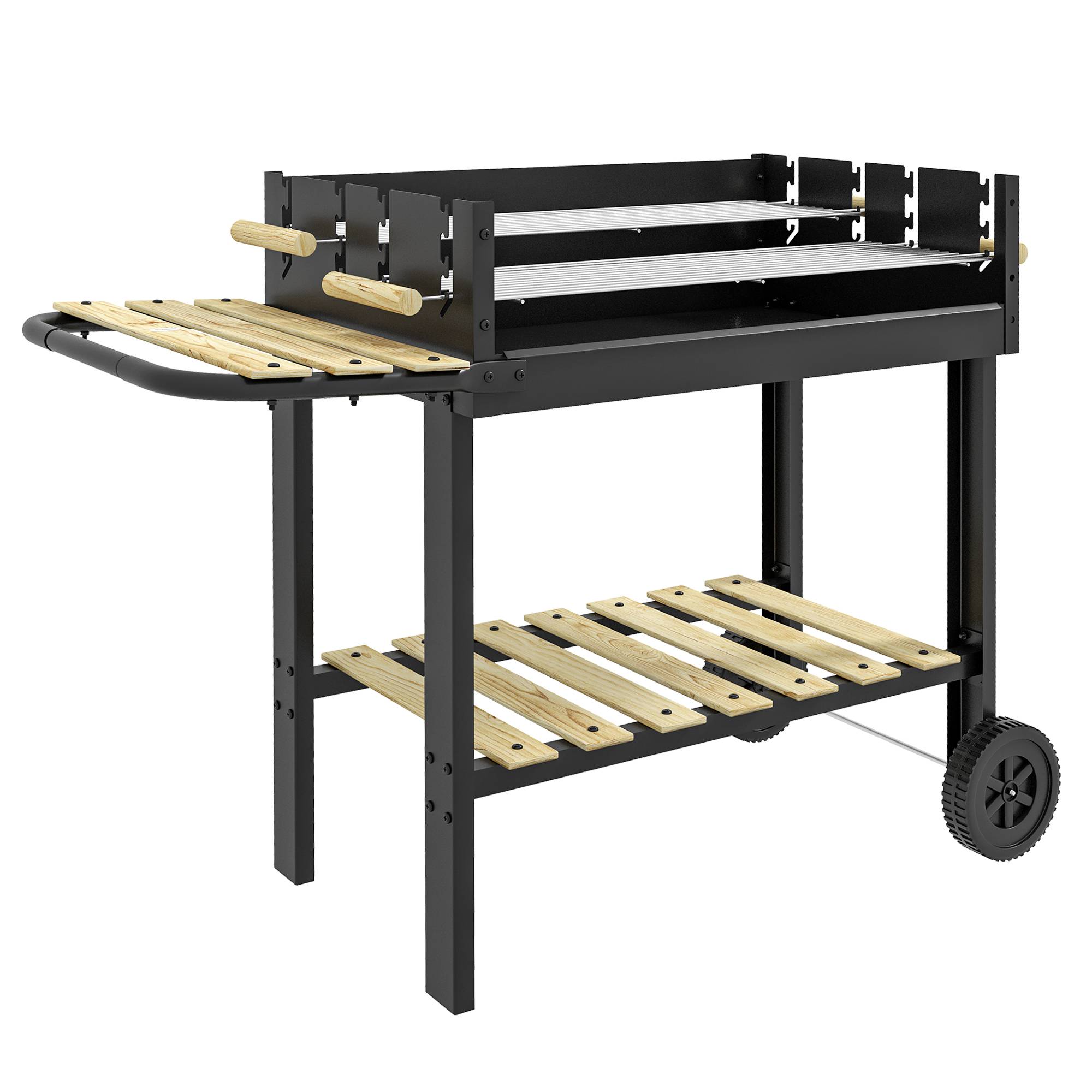 Sans Marque - Barbecue au charbon de bois 113 x 53,5 x 82,5 cm avec 2 grilles, hauteur réglable, table d'appoint, étagère et roulettes pour jardin, noir - Image 1