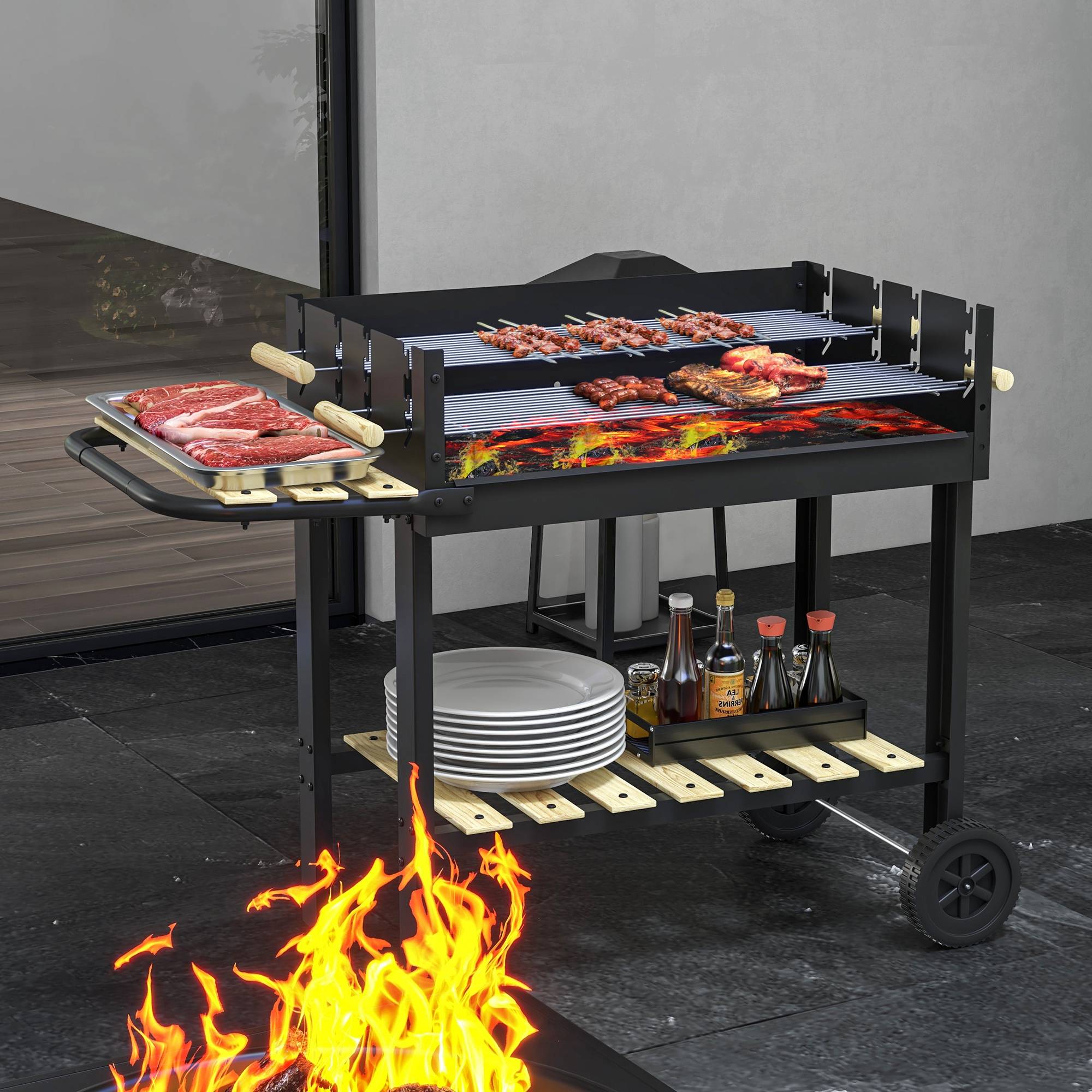 Sans Marque - Barbecue au charbon de bois 113 x 53,5 x 82,5 cm avec 2 grilles, hauteur réglable, table d'appoint, étagère et roulettes pour jardin, noir - Image 4