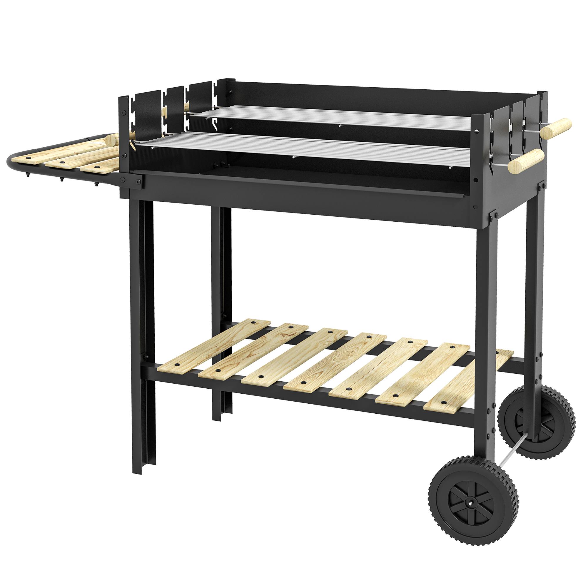 Sans Marque - Barbecue au charbon de bois 113 x 53,5 x 82,5 cm avec 2 grilles, hauteur réglable, table d'appoint, étagère et roulettes pour jardin, noir - Image 2