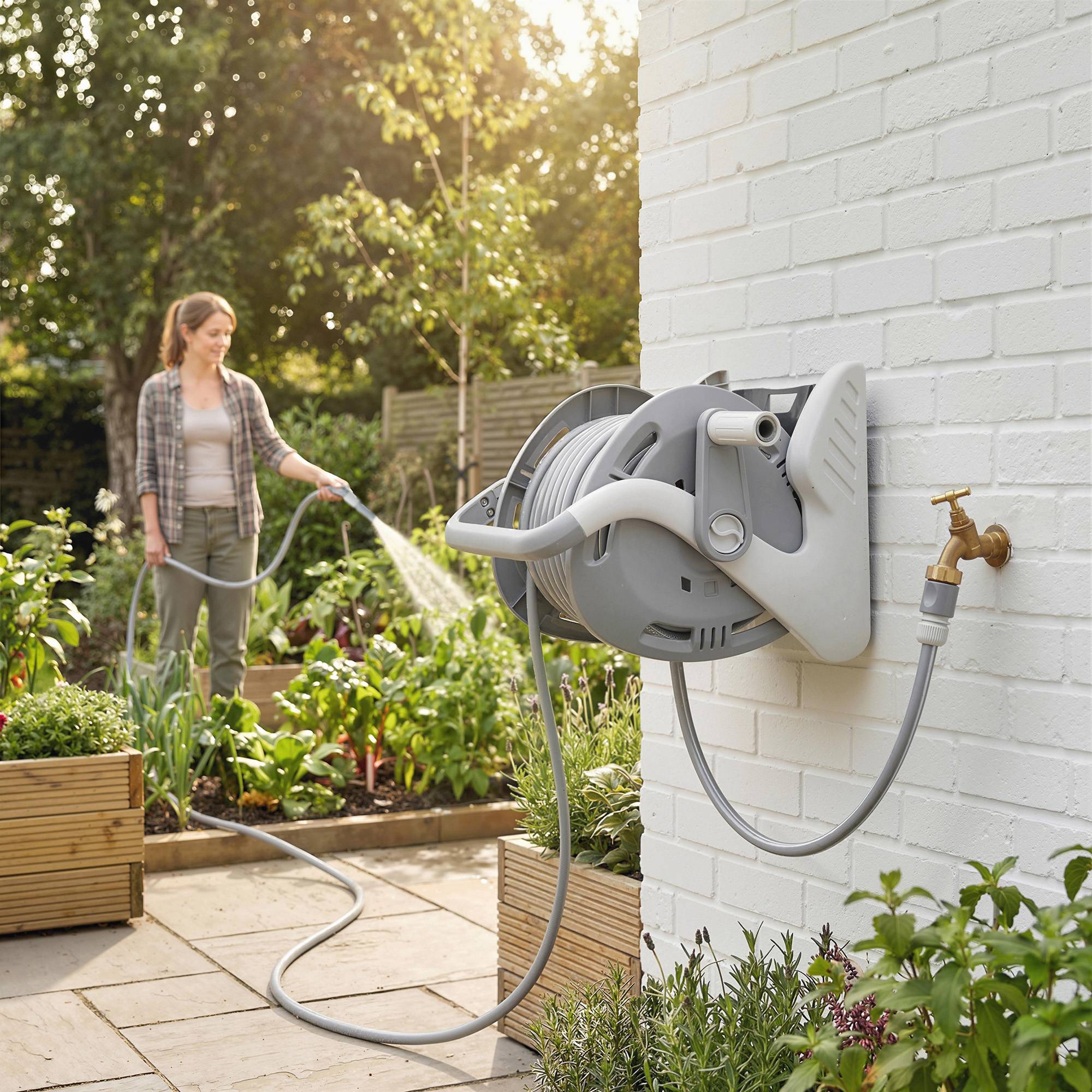 ComfortXL - Enrouleur tuyau mural PP gris 20+2 m Ø15 mm jardin portable 2 jets anti-enchevêtrement - ComfortXL Outdoor Living - Image 2