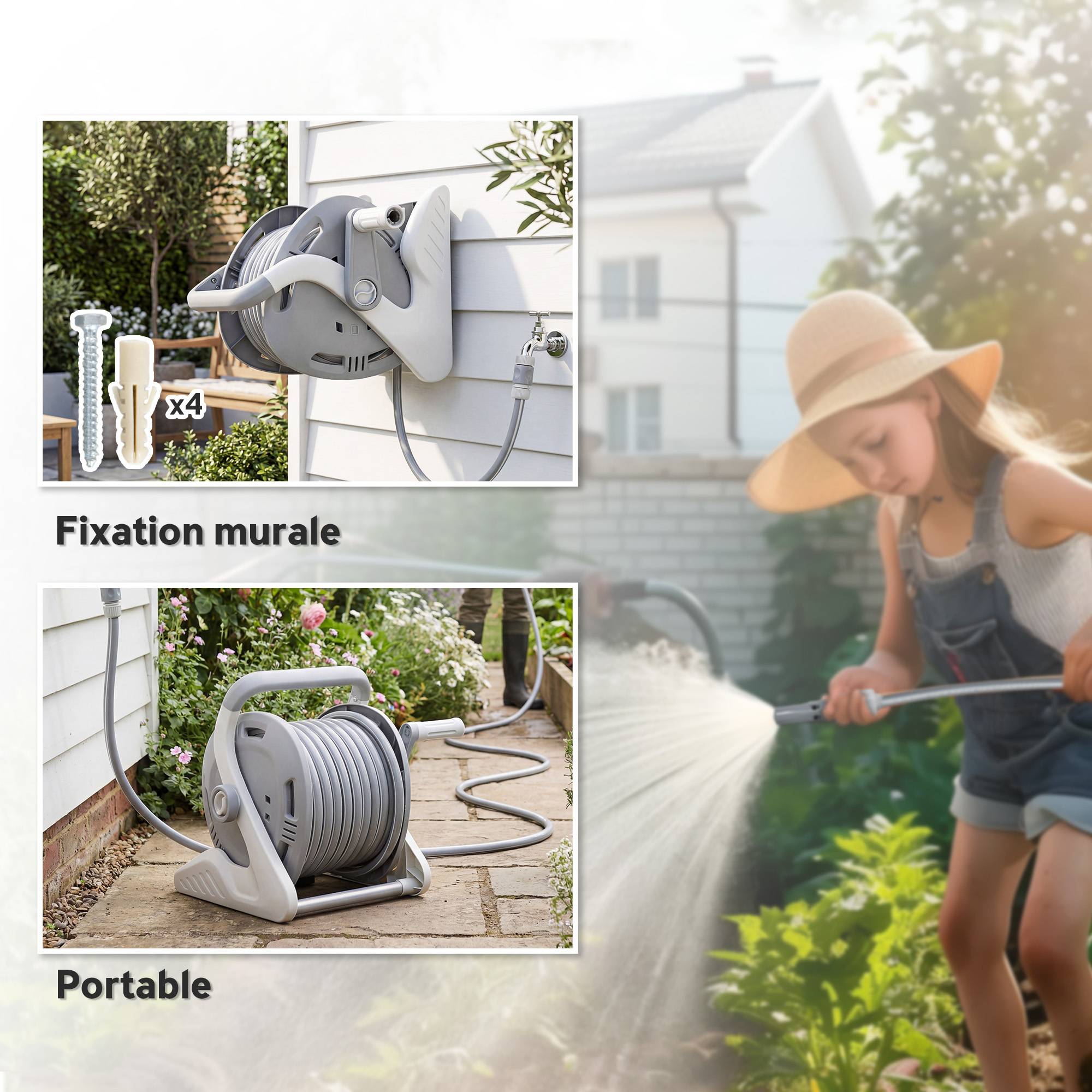 ComfortXL - Enrouleur tuyau mural PP gris 20+2 m Ø15 mm jardin portable 2 jets anti-enchevêtrement - ComfortXL Outdoor Living - Image 5